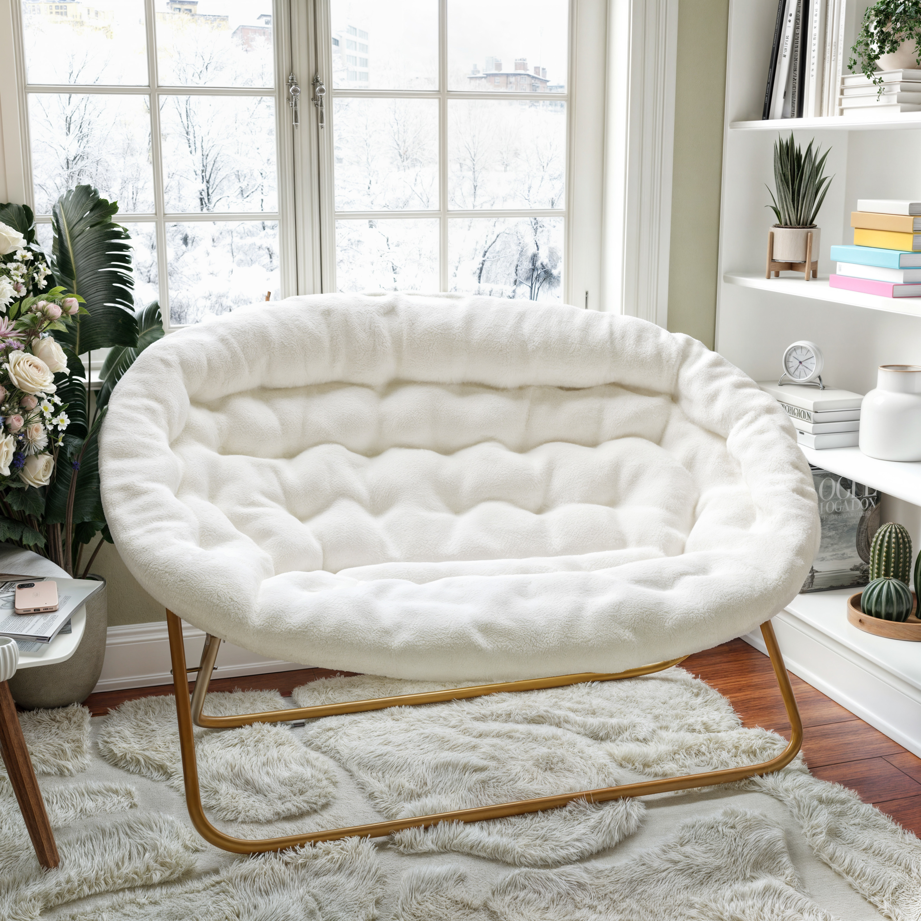Eleanor 56" Portable Folding Double Saucer Chair in Ivory Faux Shearling with a Soft Gold Steel Frame for Dorm, Living Room, or Bedroom