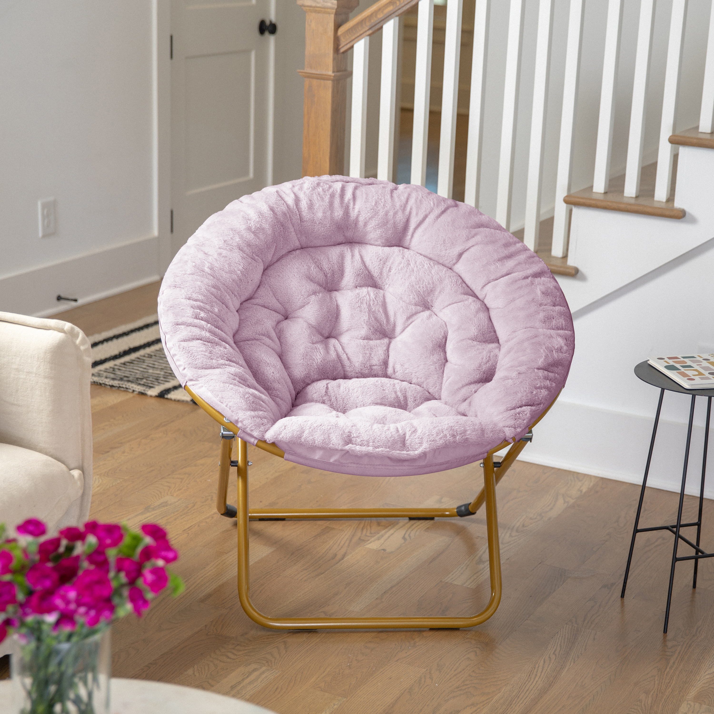 Gwen 38" Oversize Portable Faux Fur Folding Saucer Moon Chair for Dorm and Bedroom, Dusty Purple Faux Fur/Soft Gold Frame