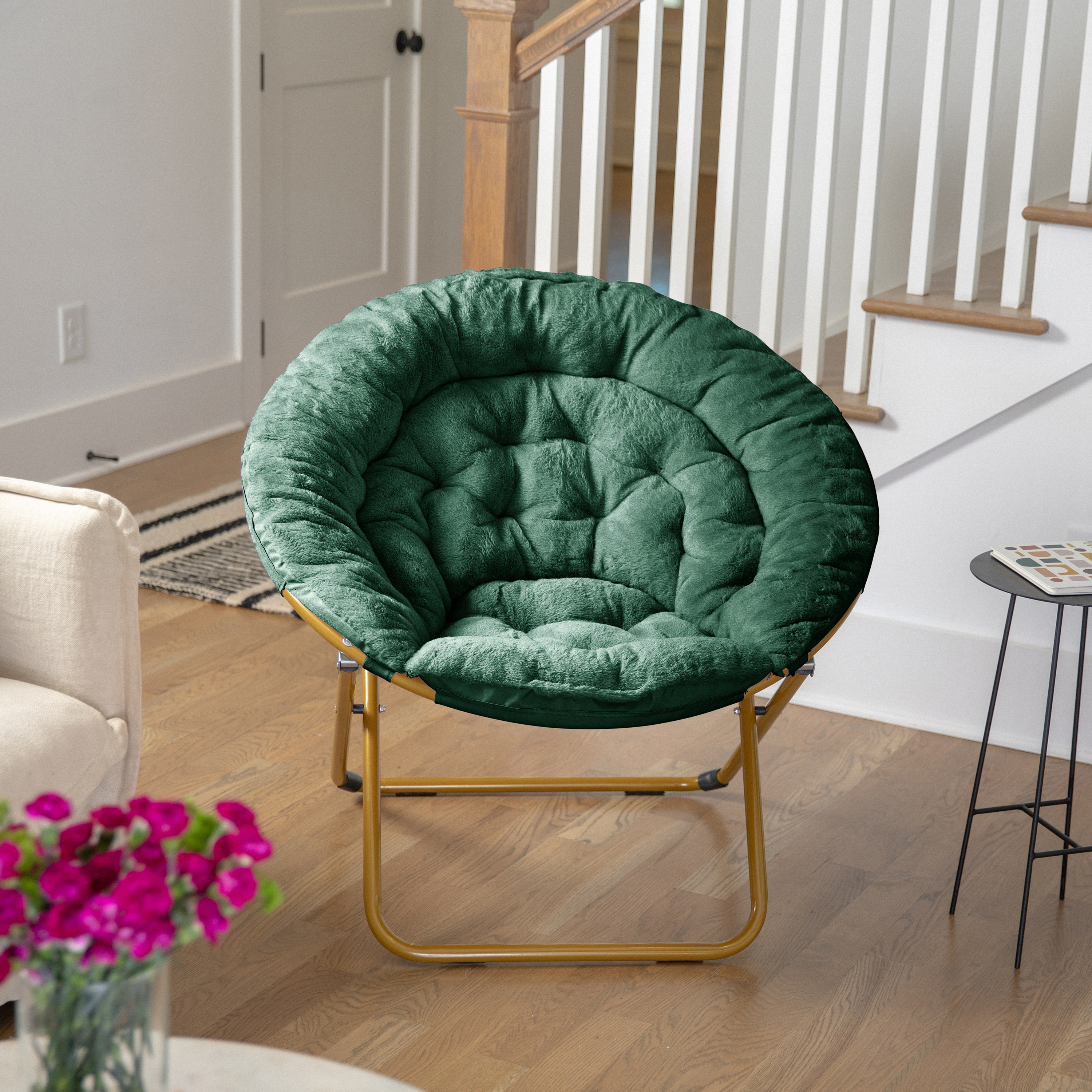 Gwen 38" Oversize Portable Faux Fur Folding Saucer Moon Chair for Dorm and Bedroom, Emerald Faux Fur/Soft Gold Frame