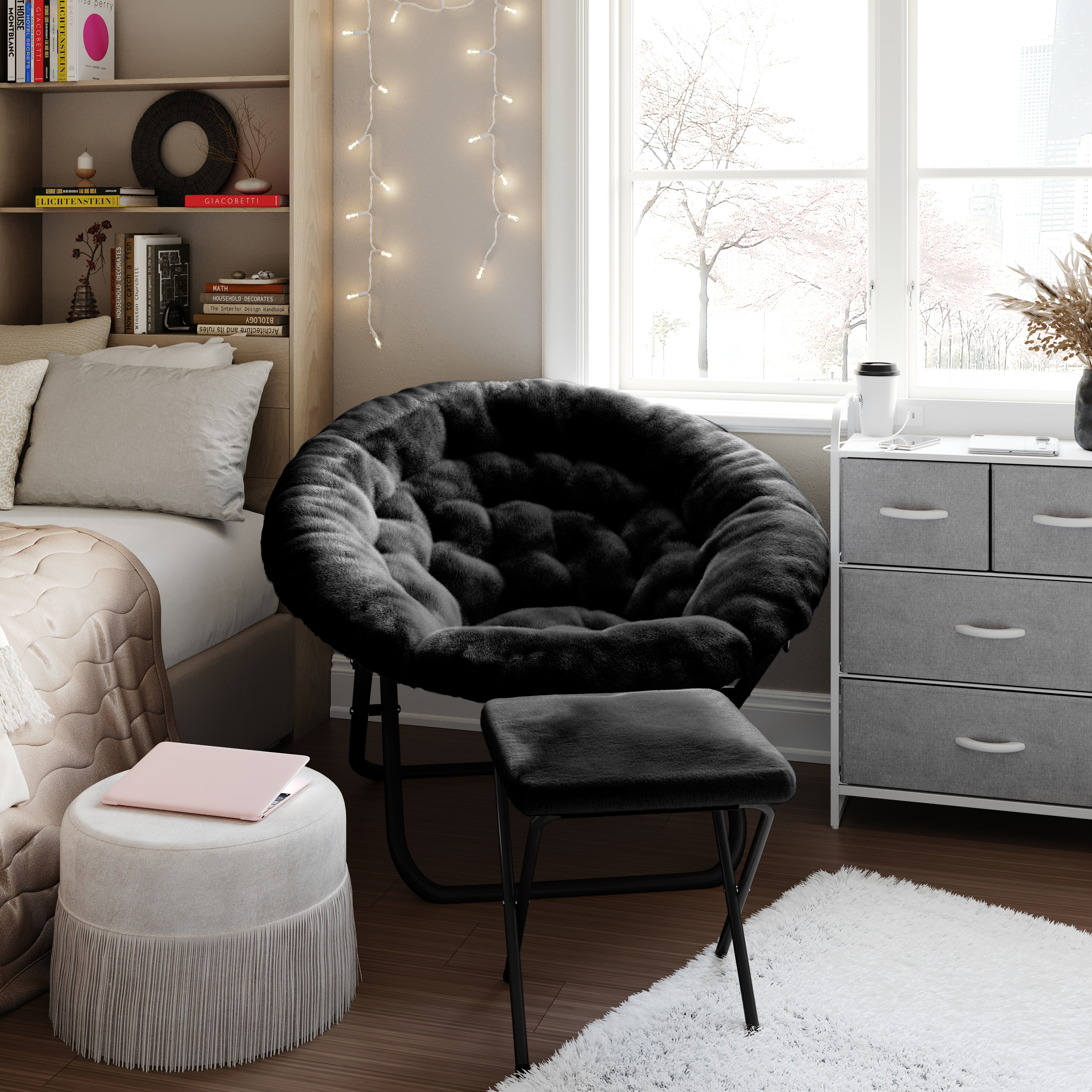 Gwen 38" Oversize Portable Faux Fur Folding Saucer Moon Chair with Folding Ottoman for Dorm and Bedroom, Black Faux Fur/Black Frame
