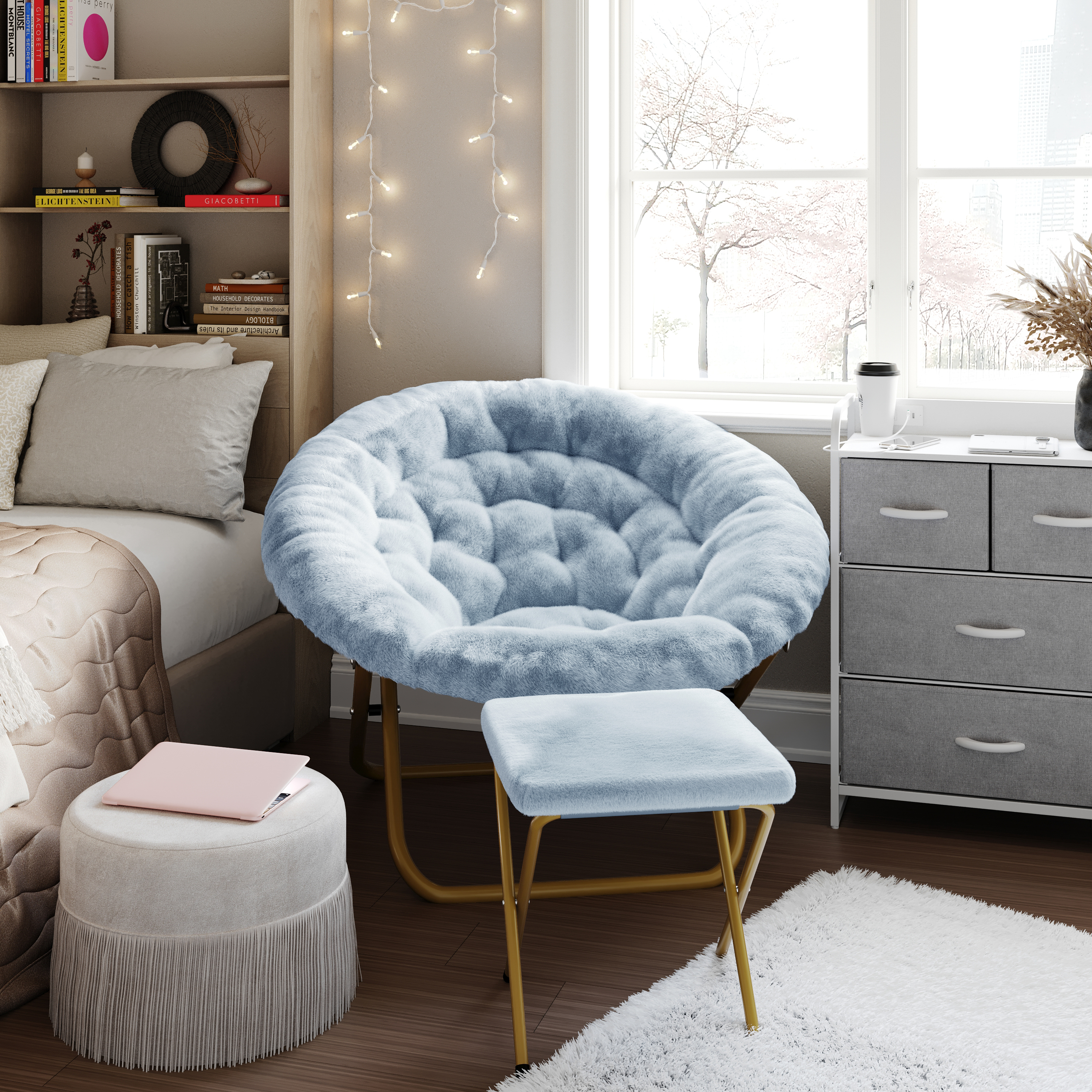 Gwen 38" Oversize Portable Faux Fur Folding Saucer Moon Chair with Folding Ottoman for Dorm and Bedroom, Dusty Aqua Faux Fur/Soft Gold Frame