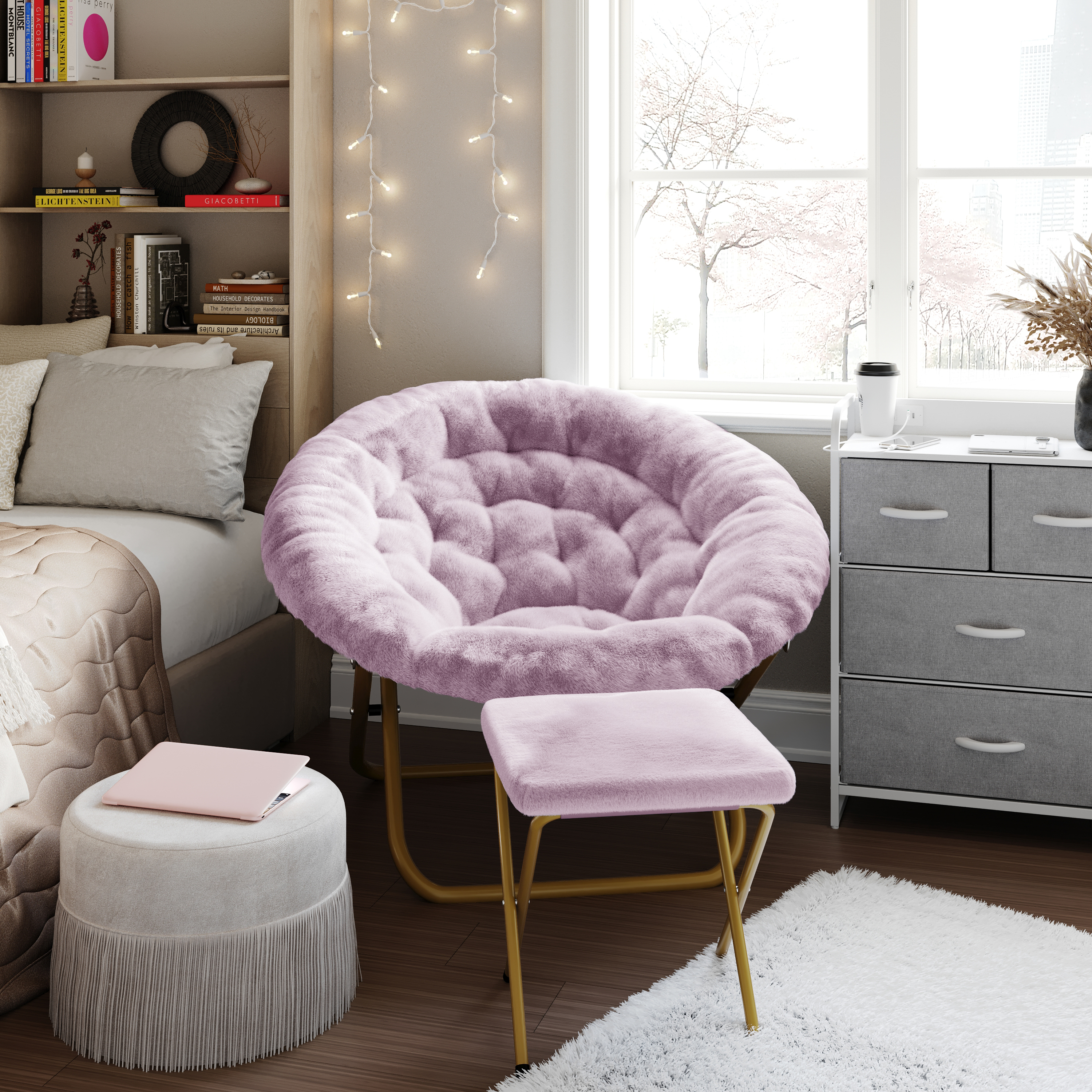 Gwen 38" Oversize Portable Faux Fur Folding Saucer Moon Chair with Folding Ottoman for Dorm and Bedroom, Dusty Purple Faux Fur/Soft Gold Frame