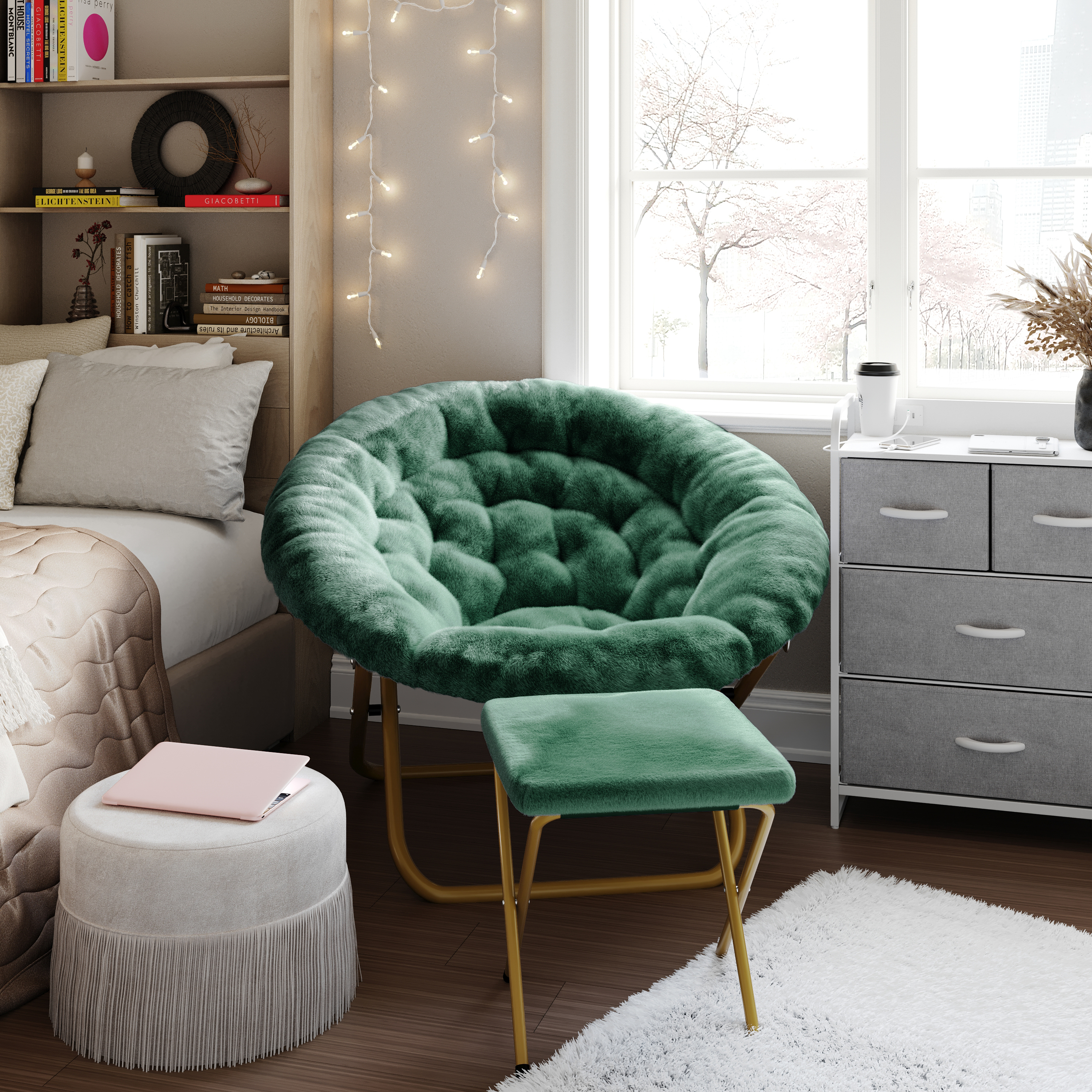 Gwen 38" Oversize Portable Faux Fur Folding Saucer Moon Chair with Folding Ottoman for Dorm and Bedroom, Emerald Faux Fur/Soft Gold Frame