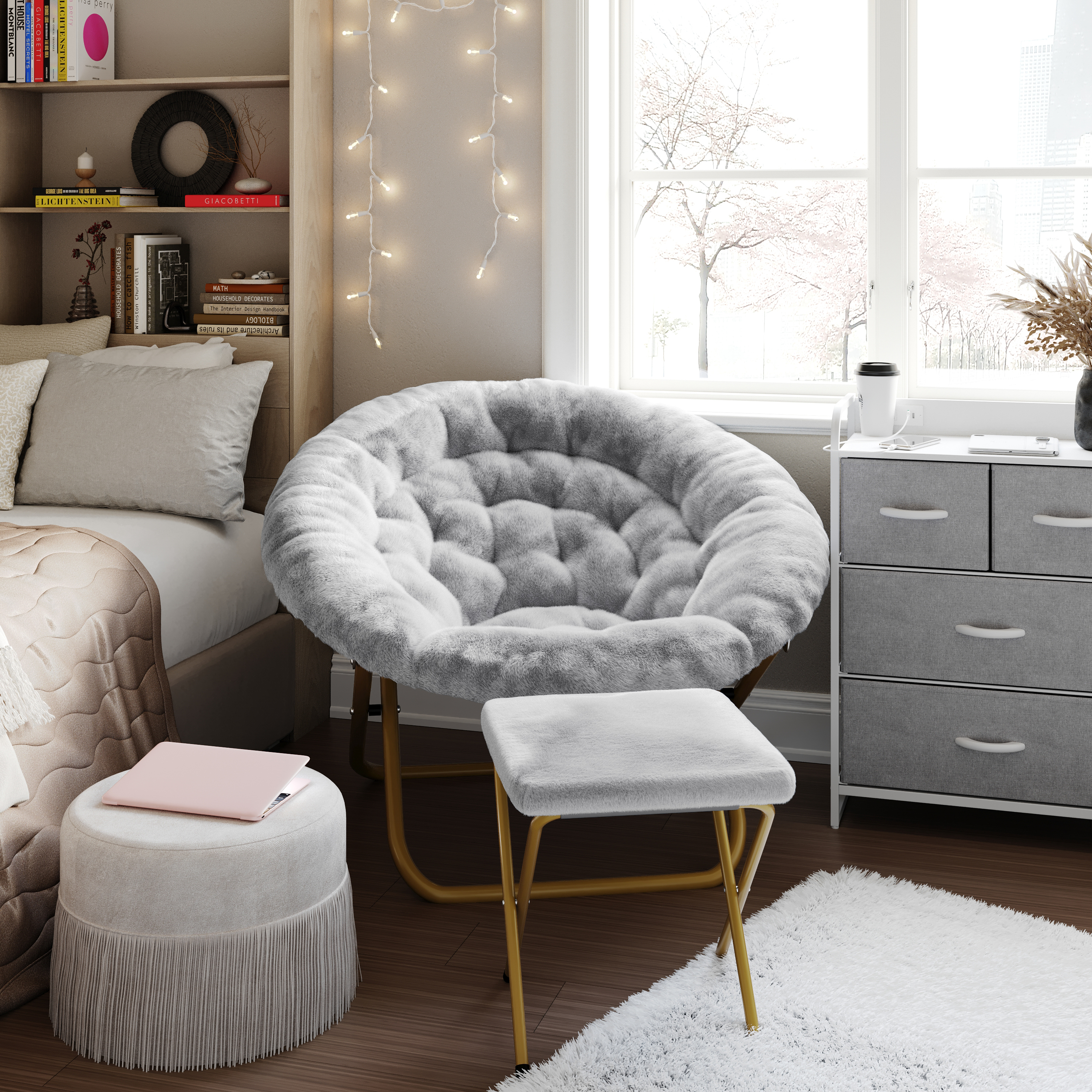 Gwen 38" Oversize Portable Faux Fur Folding Saucer Moon Chair with Folding Ottoman for Dorm and Bedroom, Gray Faux Fur/Soft Gold Frame