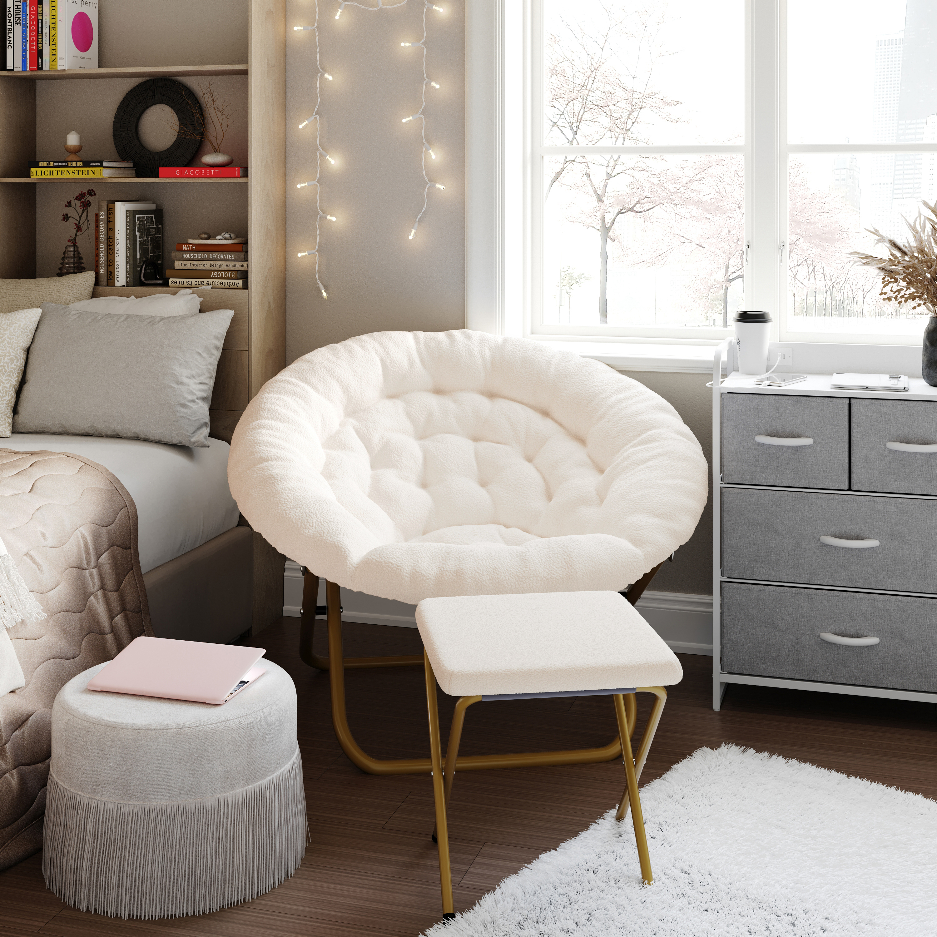 Gwen 38" Oversize Portable Faux Shearling Folding Saucer Moon Chair with Folding Ottoman for Dorm and Bedroom, Ivory Faux Shearling/Soft Gold Frame