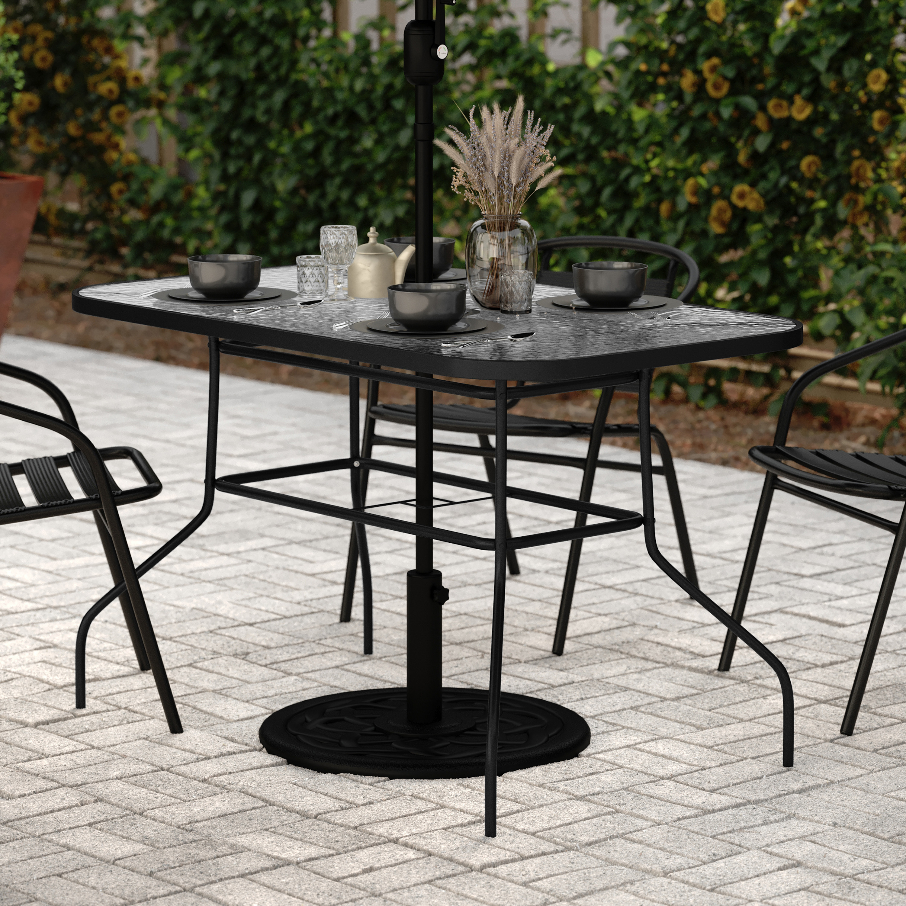 Tory Commercial Grade 27.5" x 47.25" Rectangular Patio Table with Tempered Glass Top with Umbrella Hole and Steel Tube Frame in Black