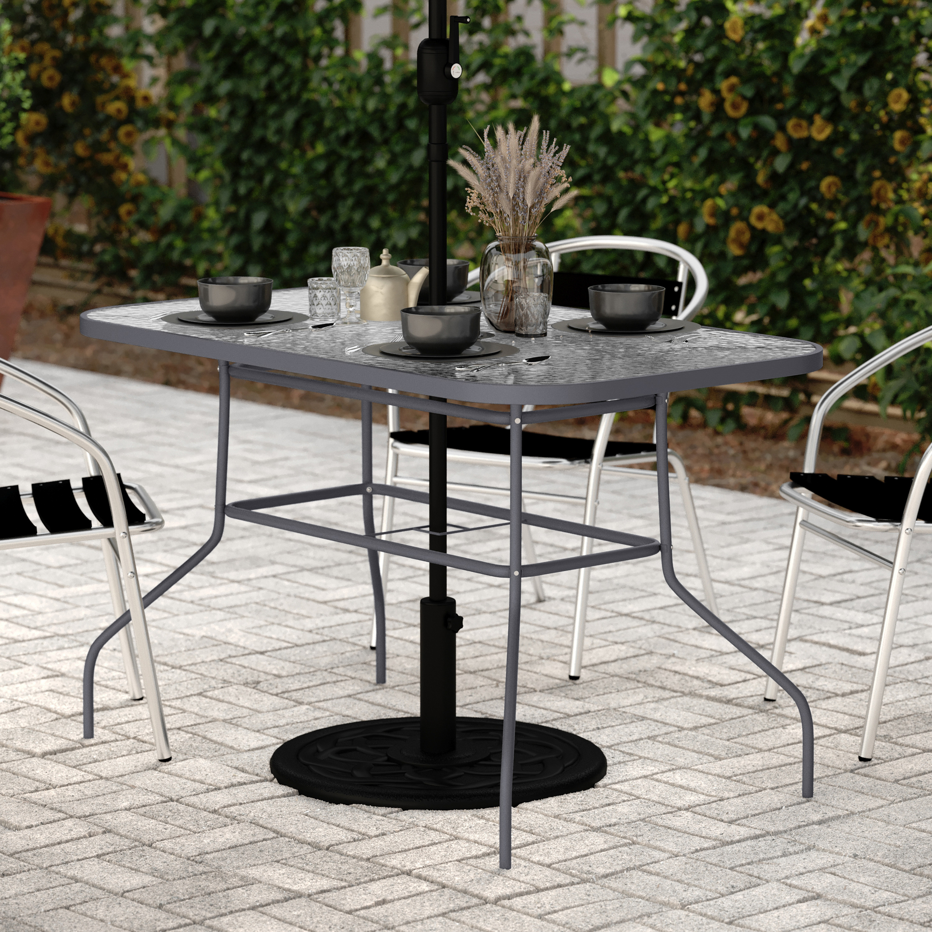 Tory Commercial Grade 27.5" x 47.25" Rectangular Patio Table with Tempered Glass Top with Umbrella Hole and Steel Tube Frame in Silver