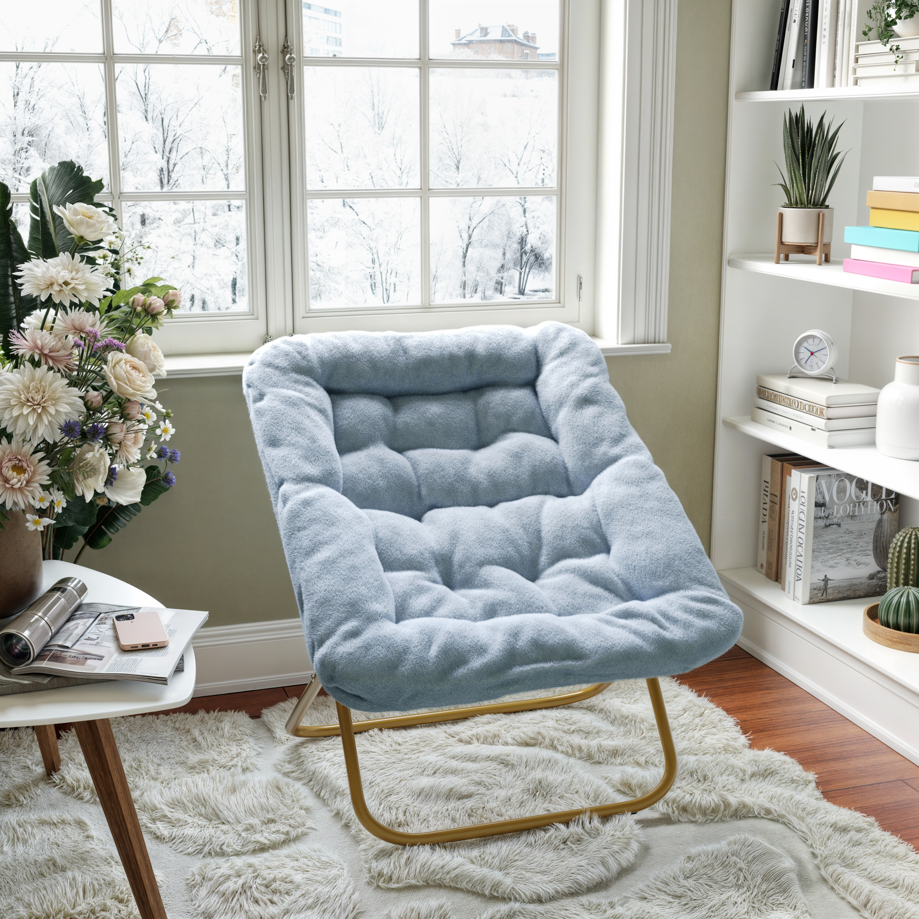 Archer 28" Oversized Portable Faux Fur Folding Saucer Chair for Dorm, Bedroom, Dusty Aqua Faux Fur/Soft Gold Frame