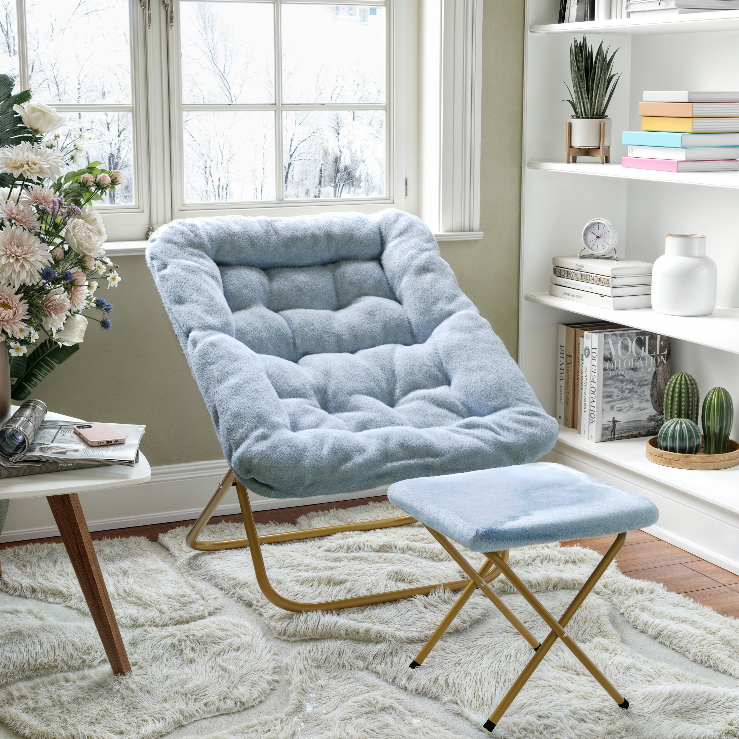 Archer 28" Oversized Portable Faux Fur Folding Saucer Chair with Folding Ottoman for Dorm, Bedroom, Dusty Aqua Faux Fur/Soft Gold Frame