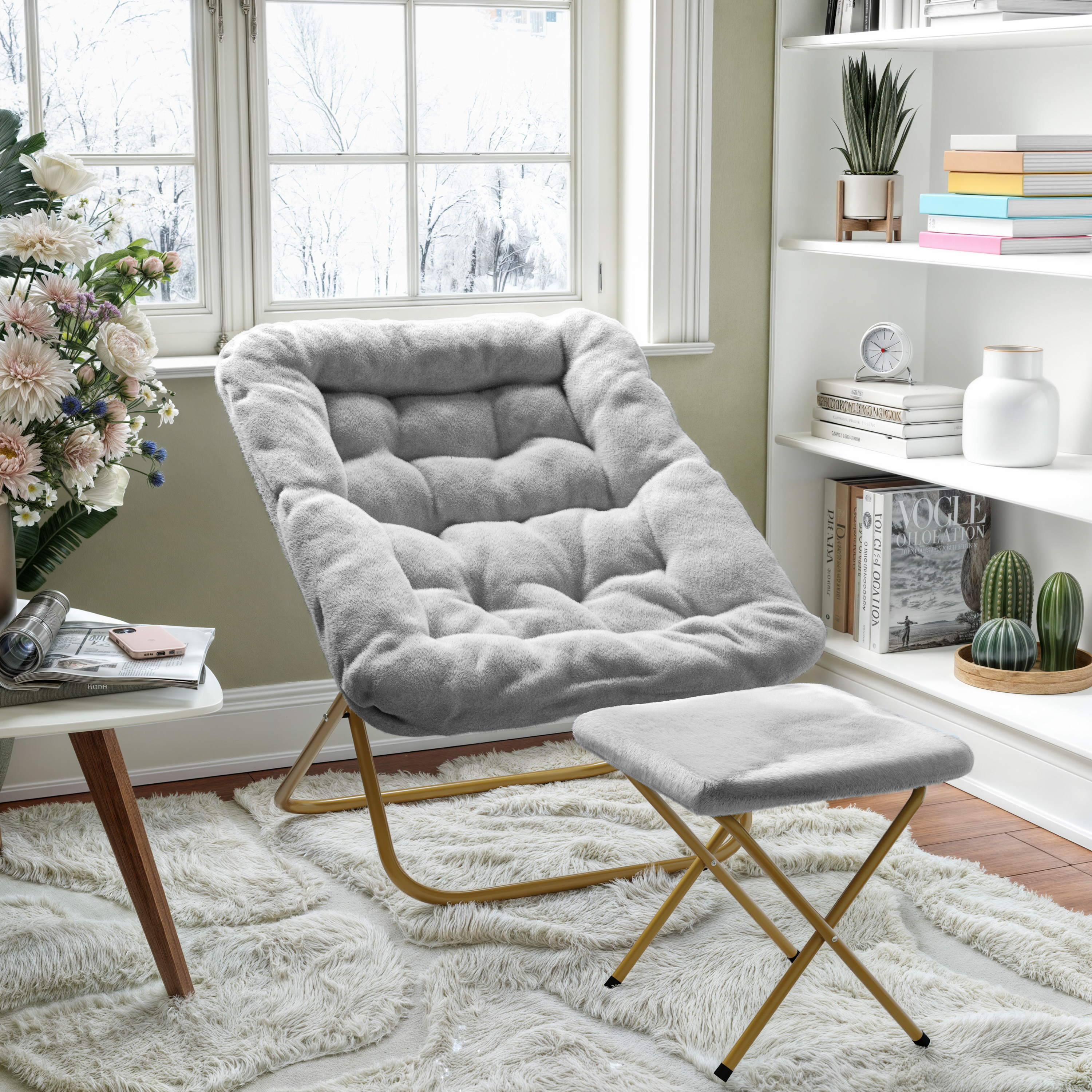 Archer 28" Oversized Portable Faux Fur Folding Saucer Chair with folding Ottoman for Dorm, Bedroom, Gray Faux Fur/Soft Gold Frame