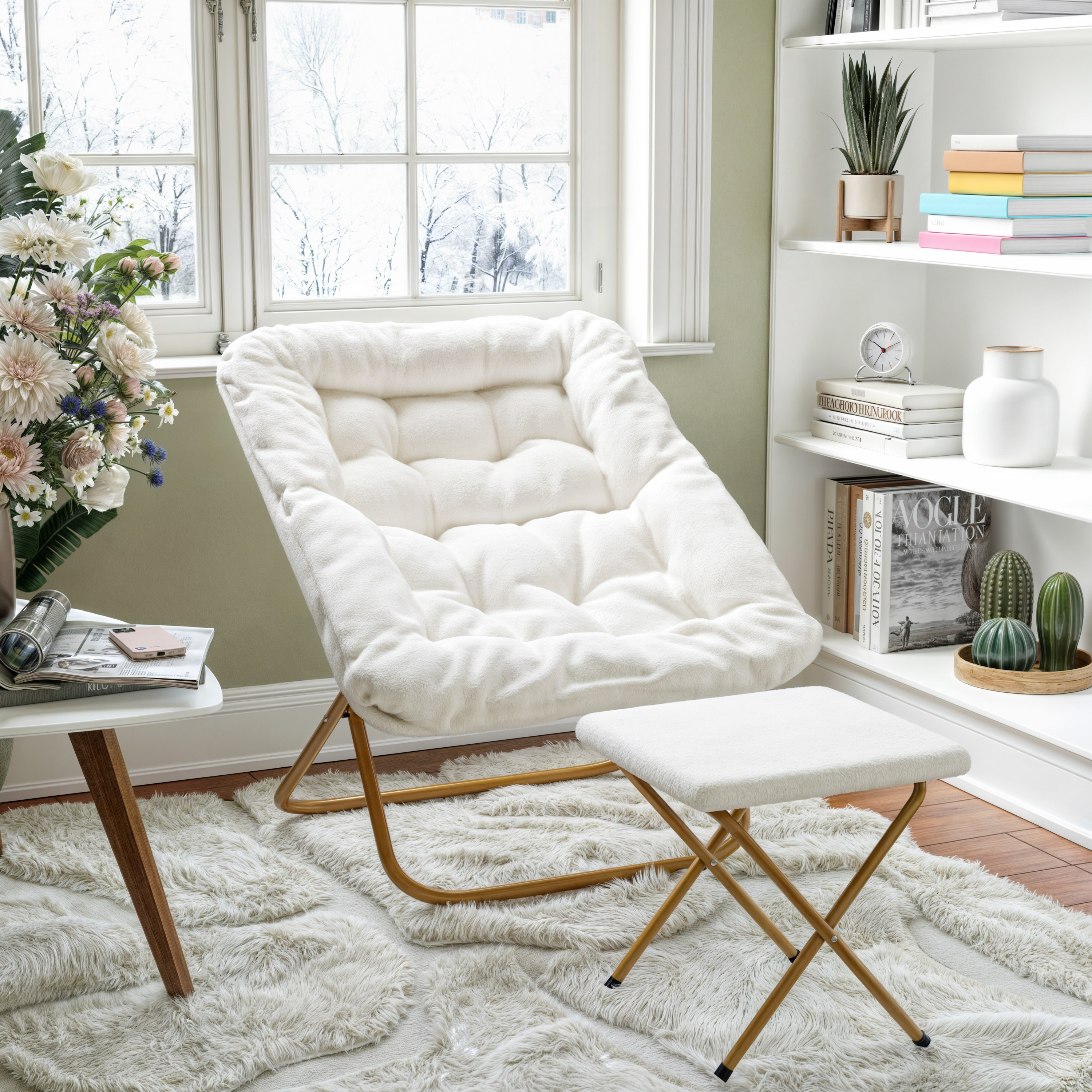 Archer 28" Oversized Portable Faux Shearling Folding Saucer Chair with Folding Ottoman for Dorm, Bedroom, Ivory Faux Shearling/Soft Gold Frame