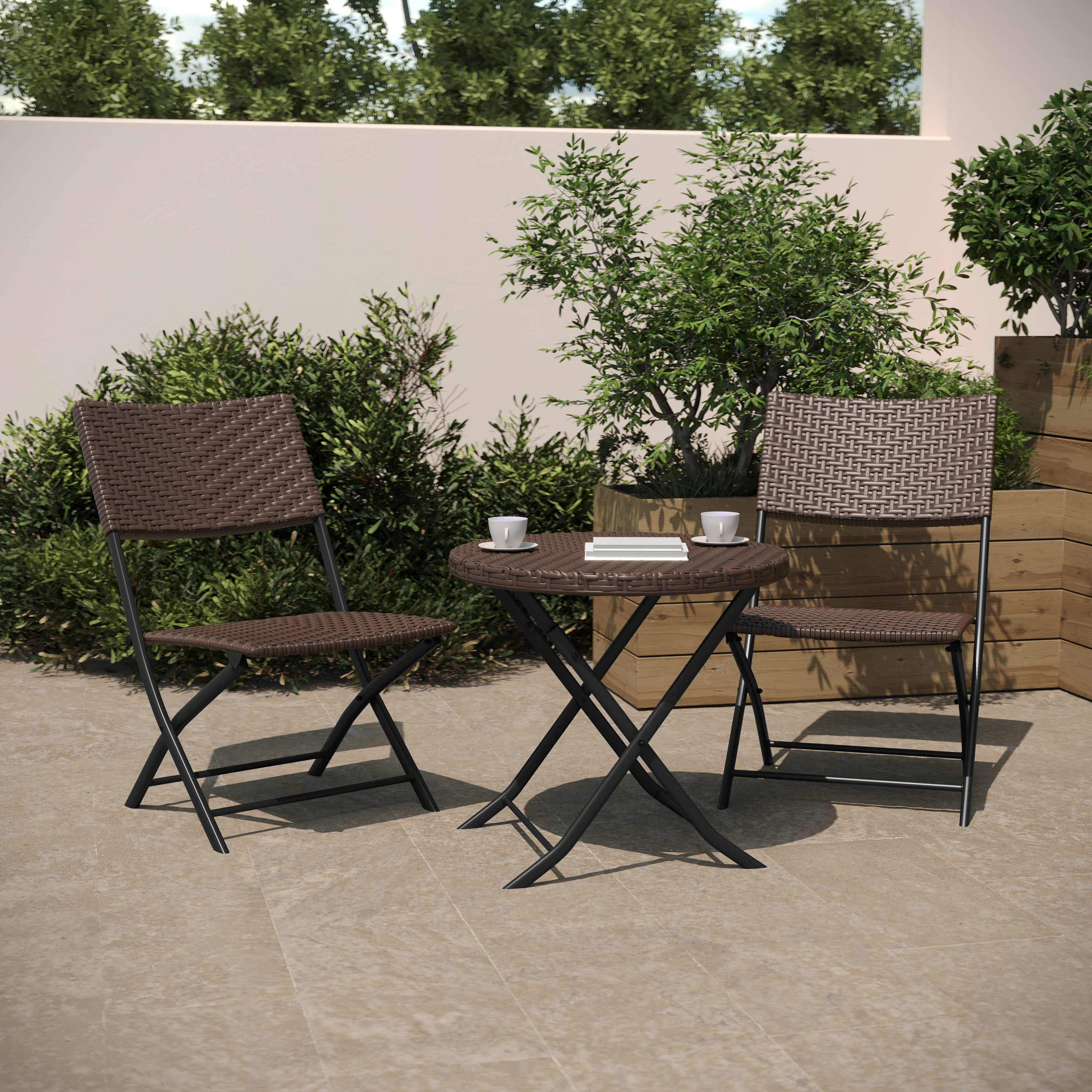 Rouen Three Piece Commercial Grade Foldable French Bistro Set, Indoor/Outdoor PE Rattan Back, Seat and Table Top, Brown with Black Steel Frames