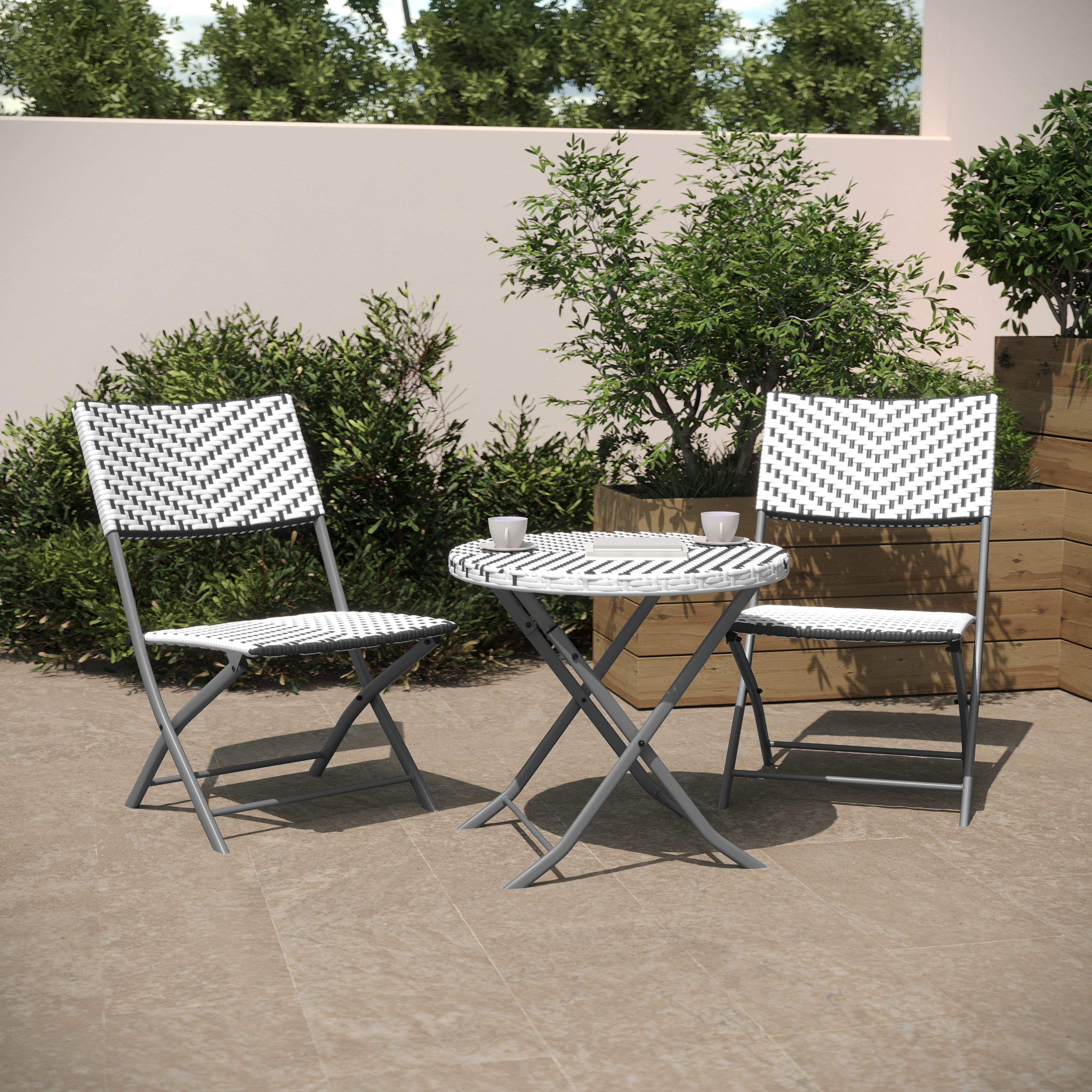 Rouen Three Piece Commercial Grade Foldable French Bistro Set, Indoor/Outdoor PE Rattan Back, Seat and Table Top, Gray/White with Charcoal Steel Frame