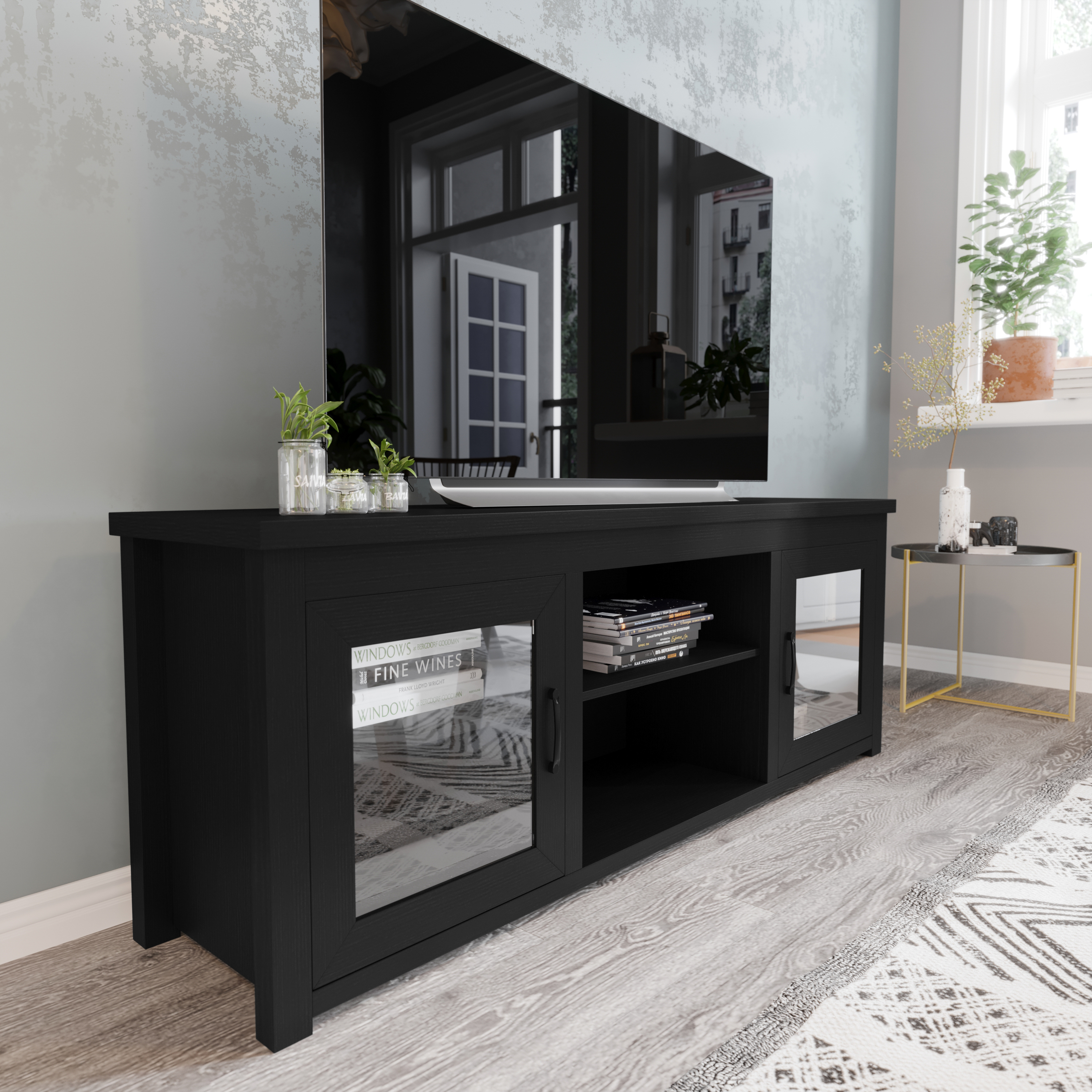 Sheffield Classic TV Stand for up to 80" TVs - Modern Black Finish with Full Glass Doors - 65" Engineered Wood Frame - 3 Shelves