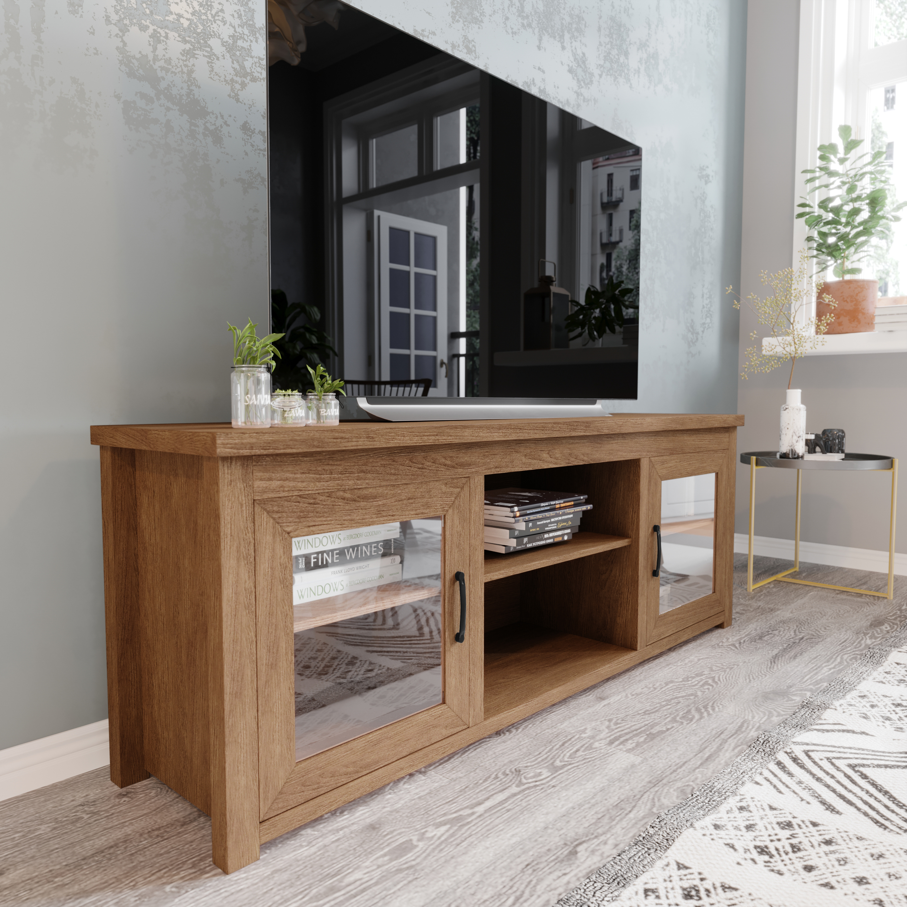 Sheffield Classic TV Stand for up to 80" TVs - Modern Walnut Finish with Full Glass Doors - 65" Engineered Wood Frame - 3 Shelves