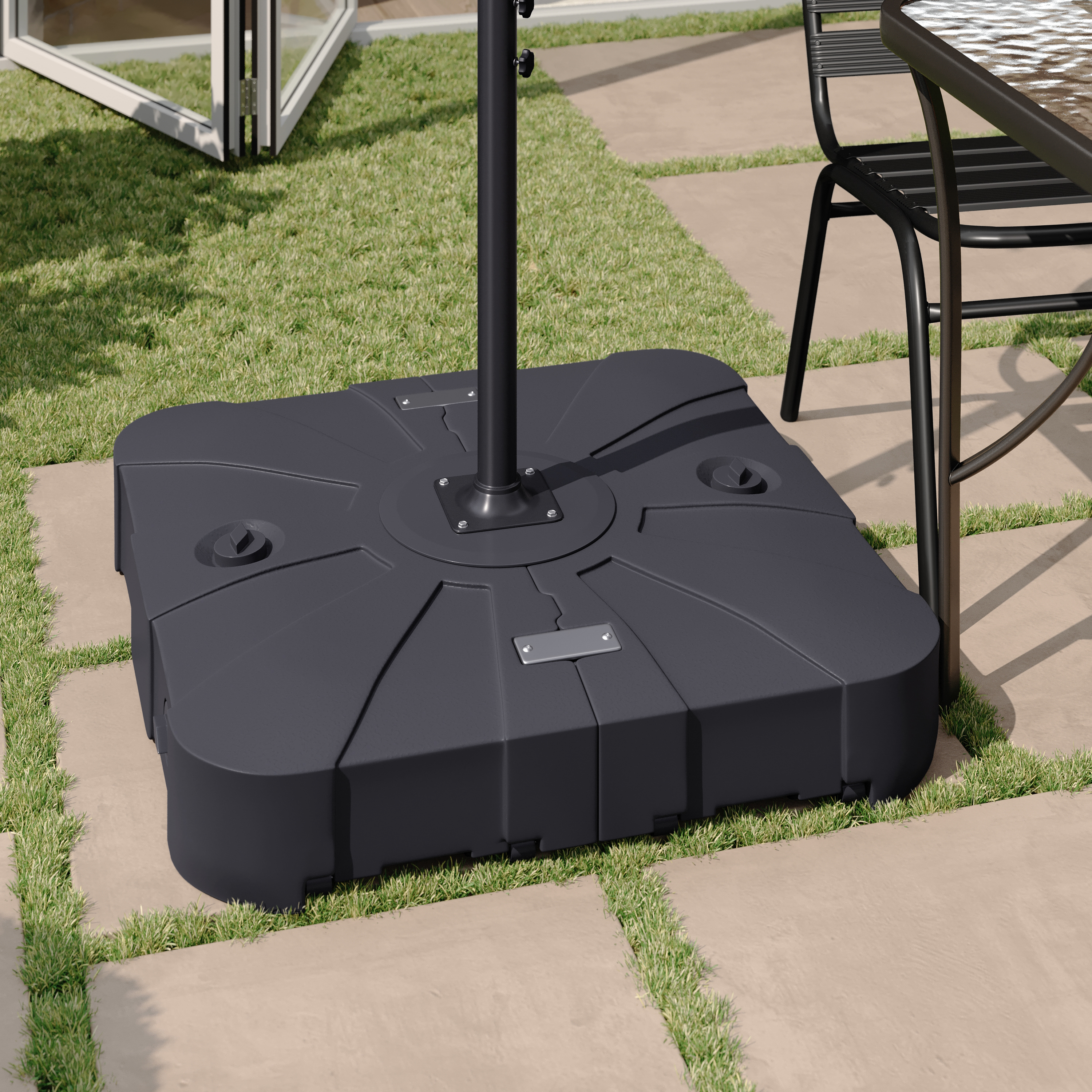 Hank Heavy Duty Weather-Resistant Universal Offset Umbrella Base with Grooved Handles and Built-In Wheels in Black