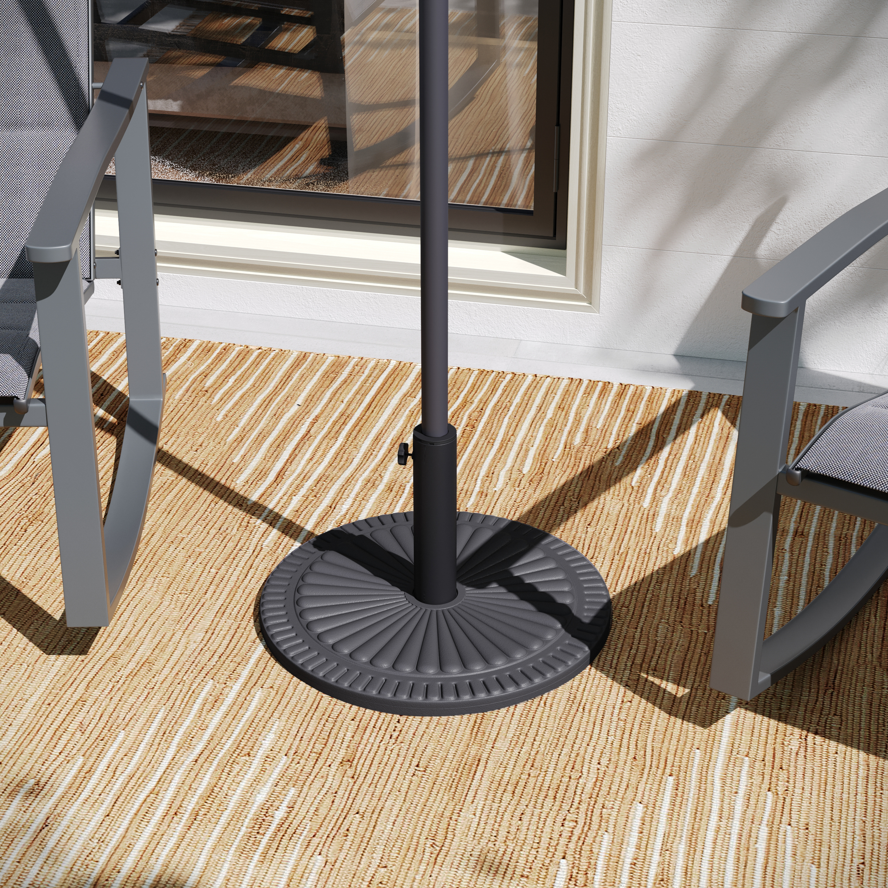 Kona Universal Black Cement Patio Umbrella Base with Sunburst Patterned Weatherproof Plastic Polymer Coating - 19.25" Diameter