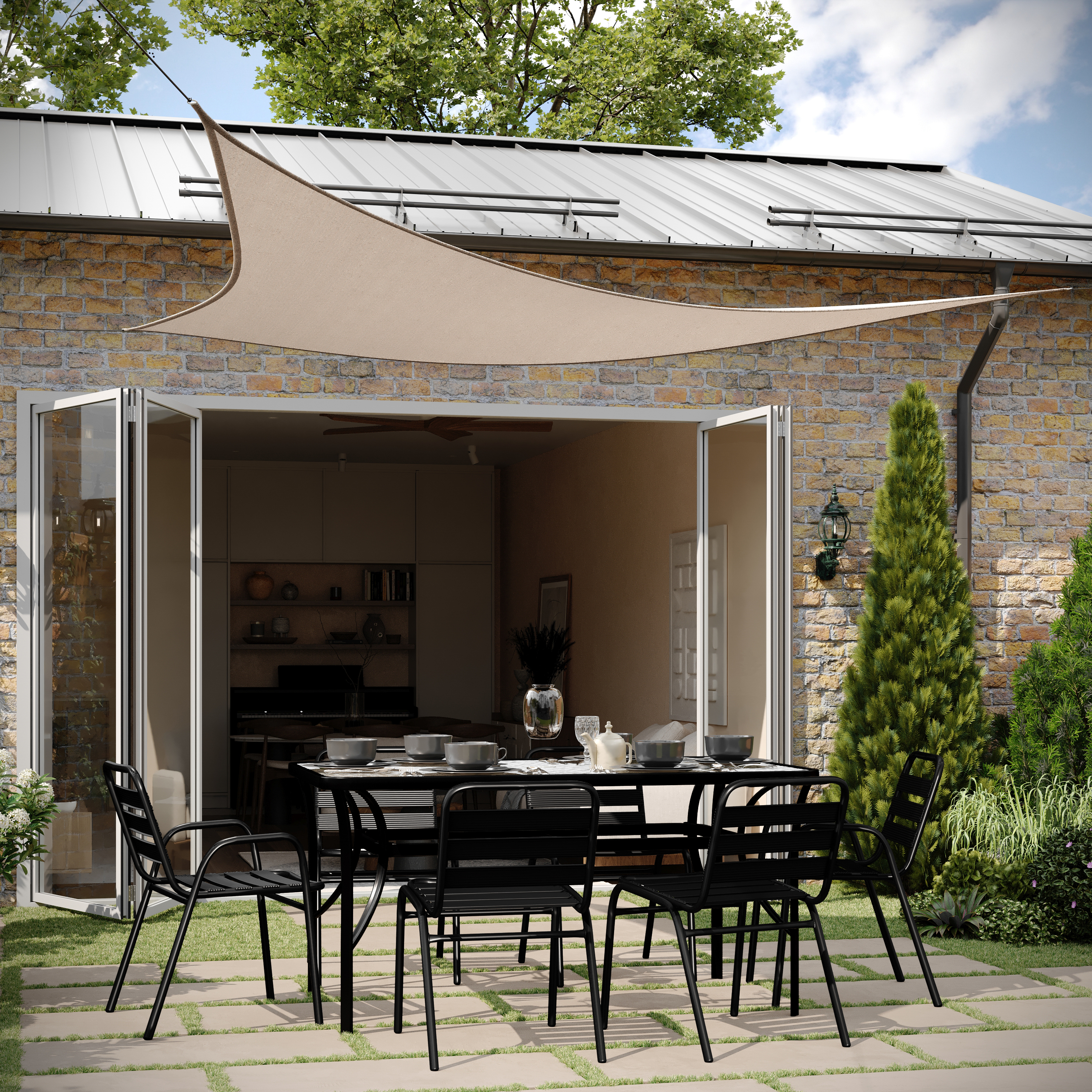 Palmetto 12ft Triangle Sun Sail Shade Canopy with Included Nylon Attachment Ropes in Sand