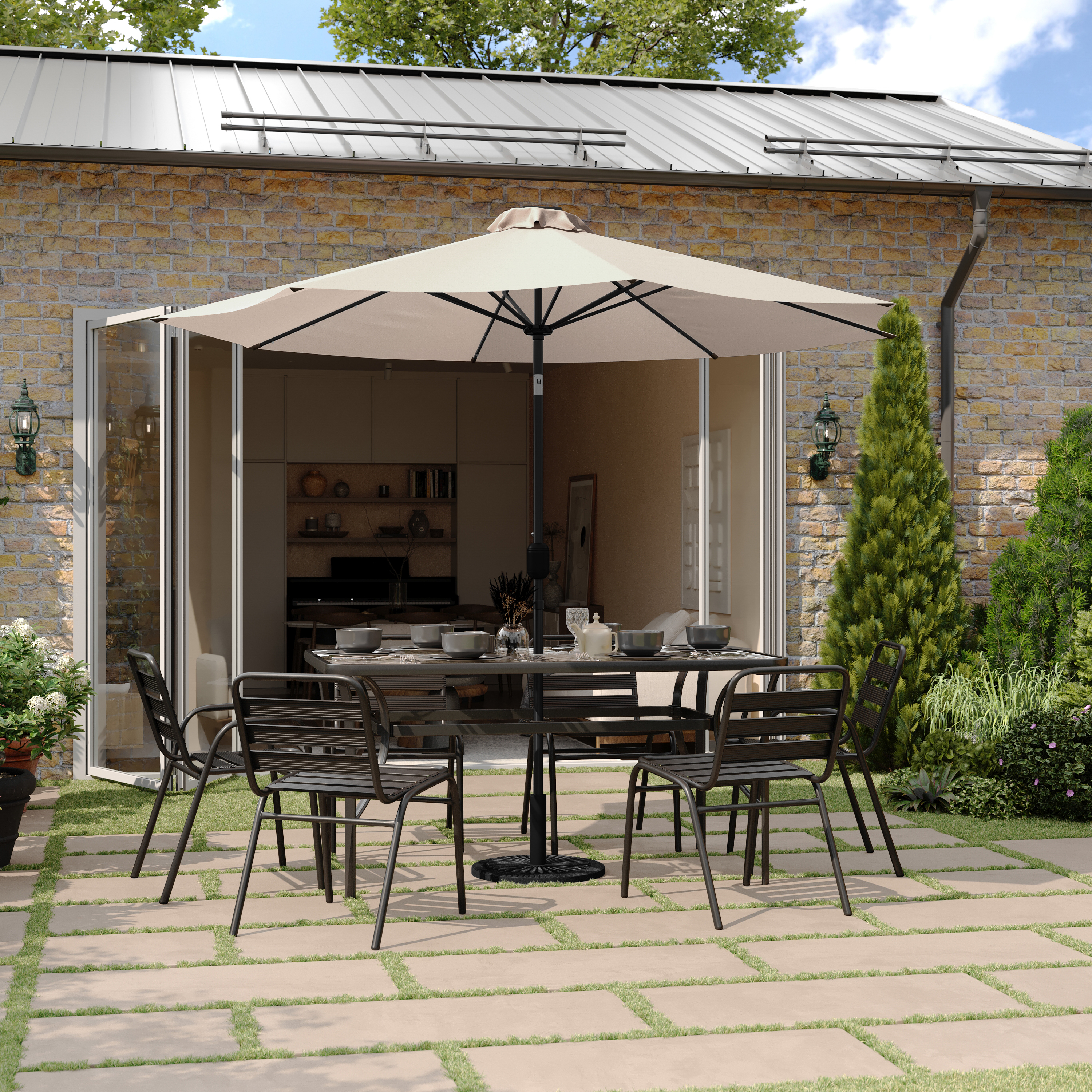 Montego Commercial Grade 9 FT Round Umbrella with 32 Solar LED Lights and Crank and Tilt Functionality in Tan