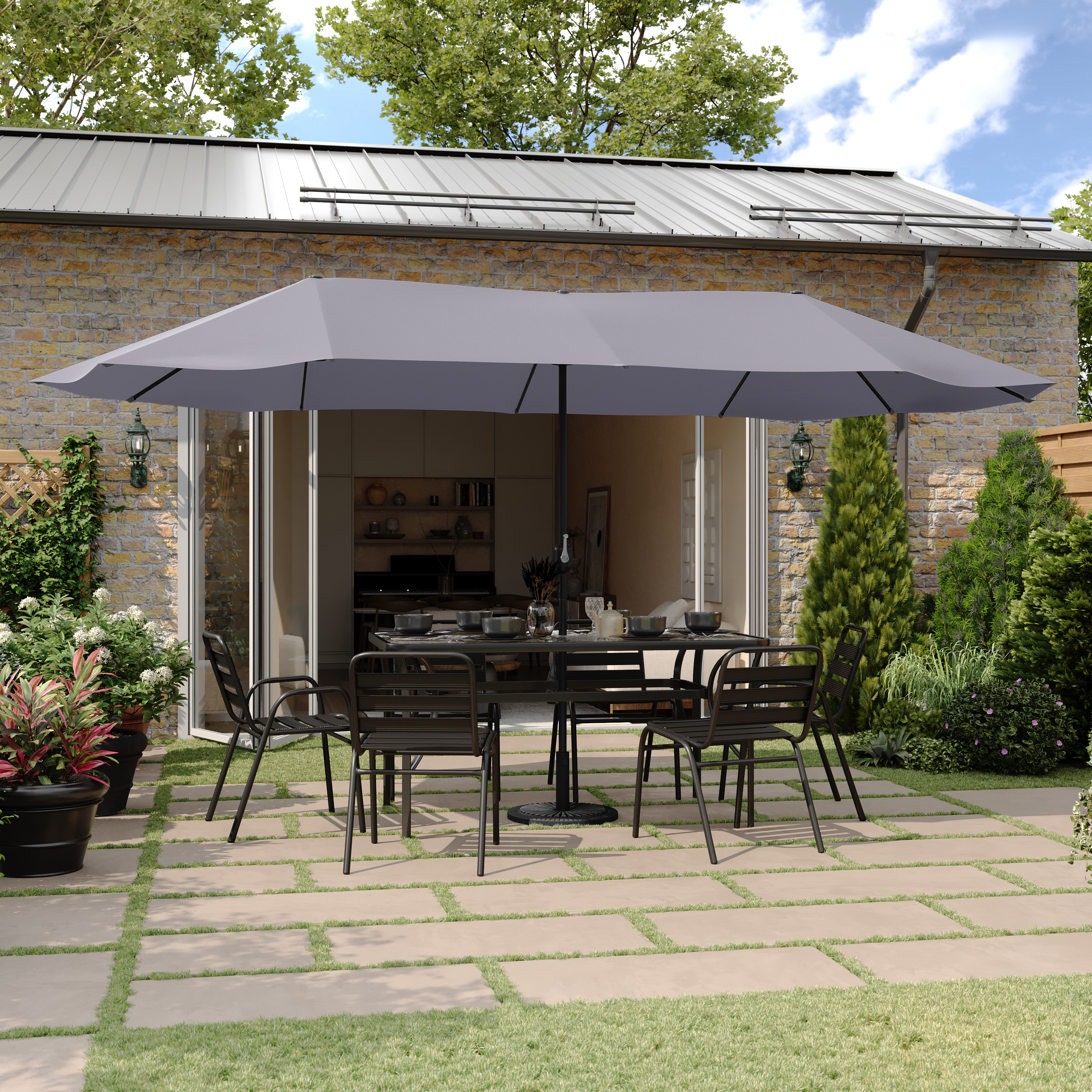 Elizabeth Commercial Grade 15 FT Triple Head Patio Umbrella with Crank and Easy Lift Functionality in Gray