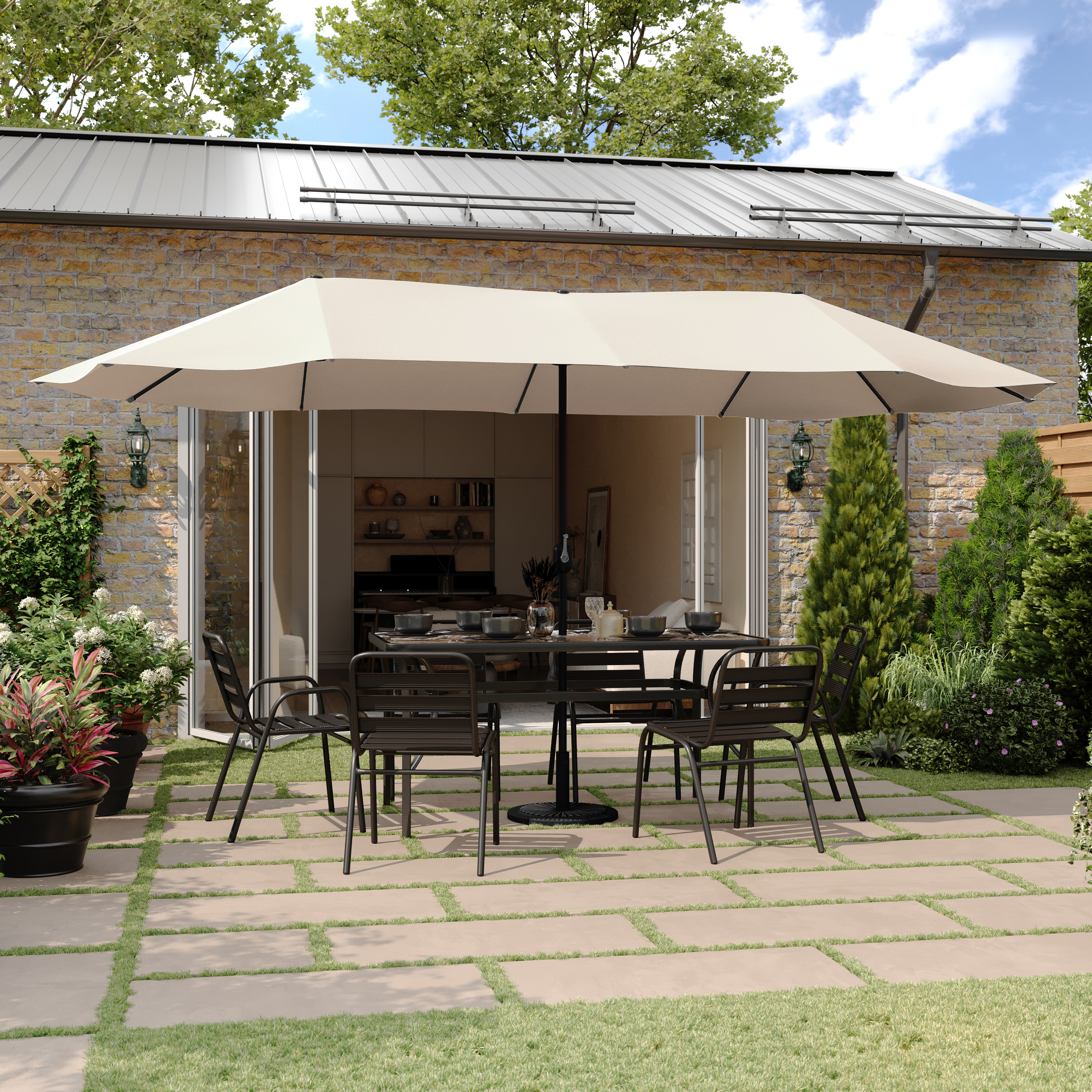 Elizabeth Commercial Grade 15 FT Triple Head Patio Umbrella with Crank and Easy Lift Functionality in Tan