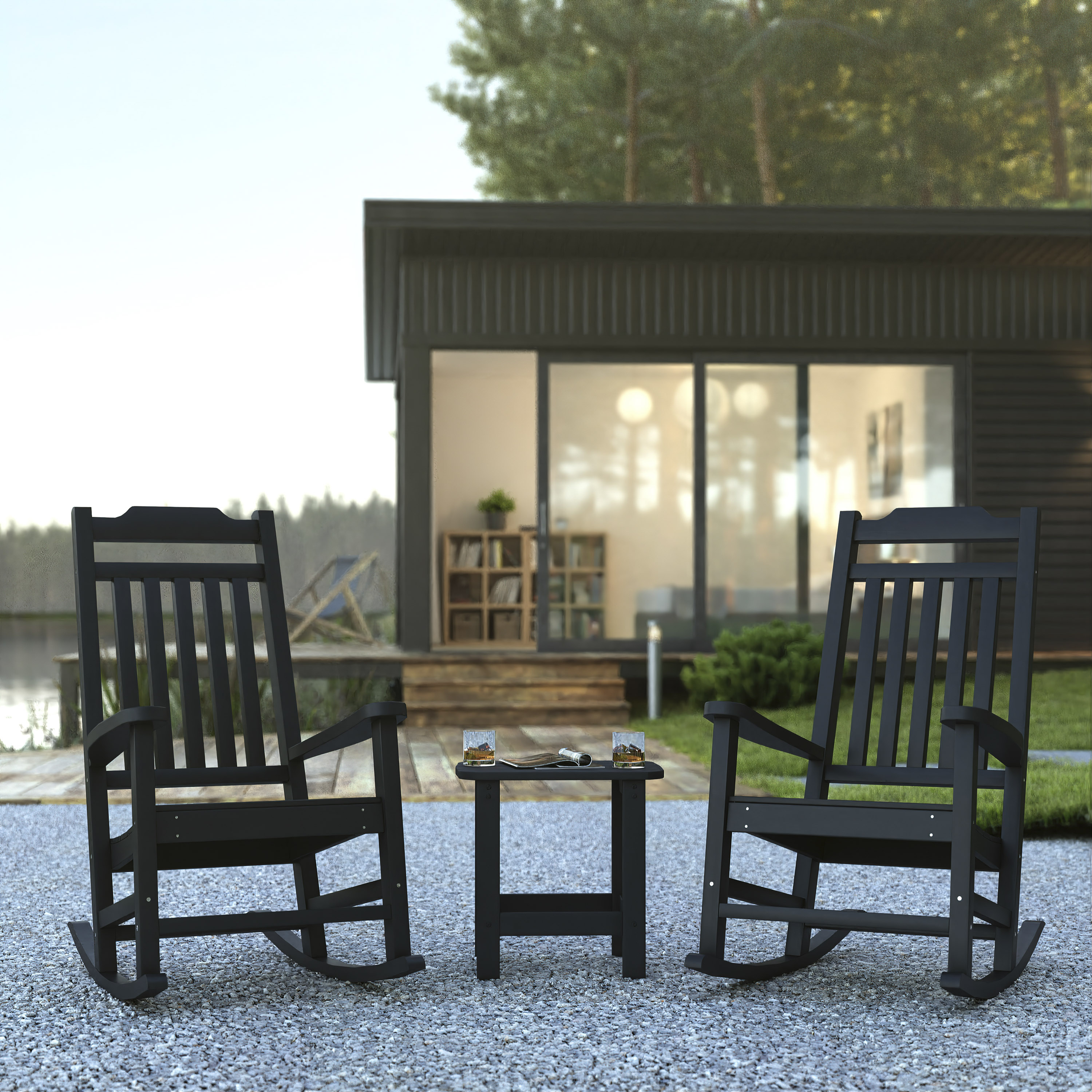 Set of 2 Winston All-Weather Poly Resin Rocking Chairs with Accent Side Table in Black