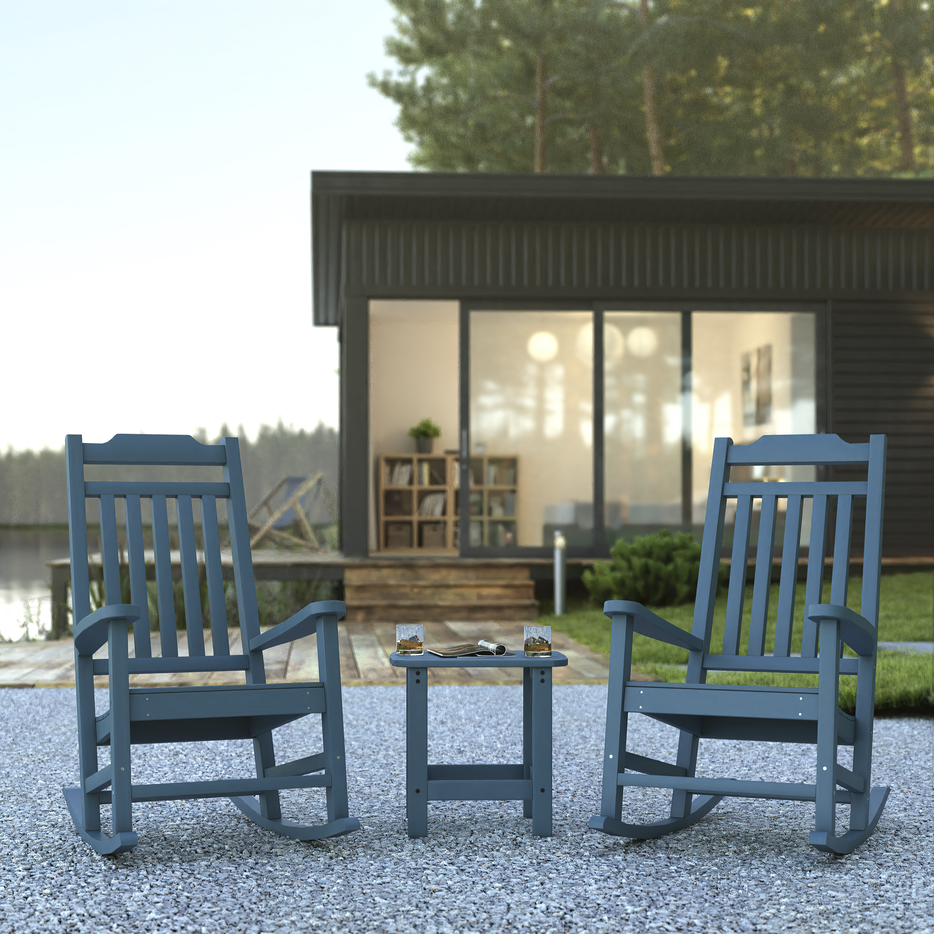 Set of 2 Winston All-Weather Poly Resin Rocking Chairs with Accent Side Table in Teal