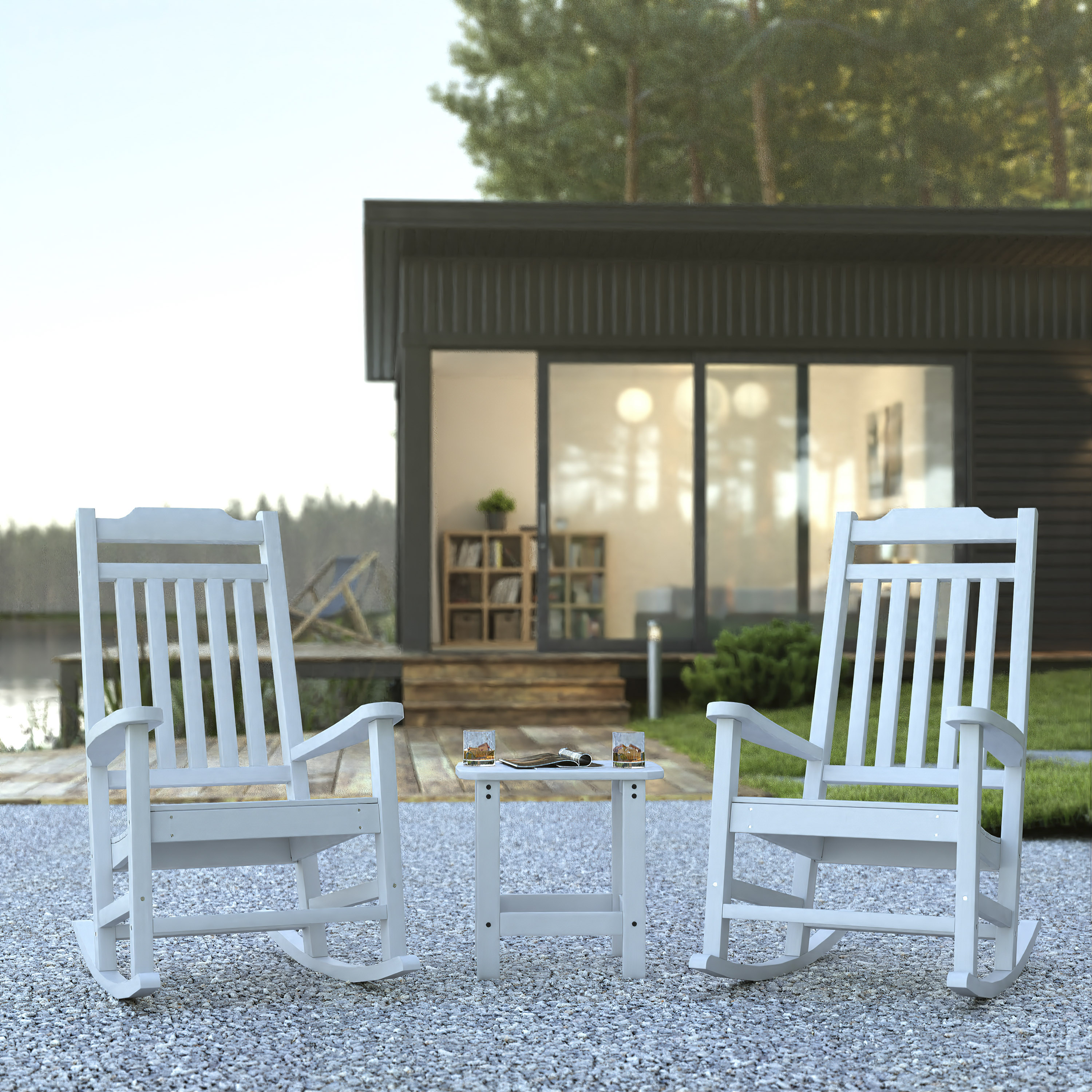 Set of 2 Winston All-Weather Poly Resin Rocking Chairs with Accent Side Table in White