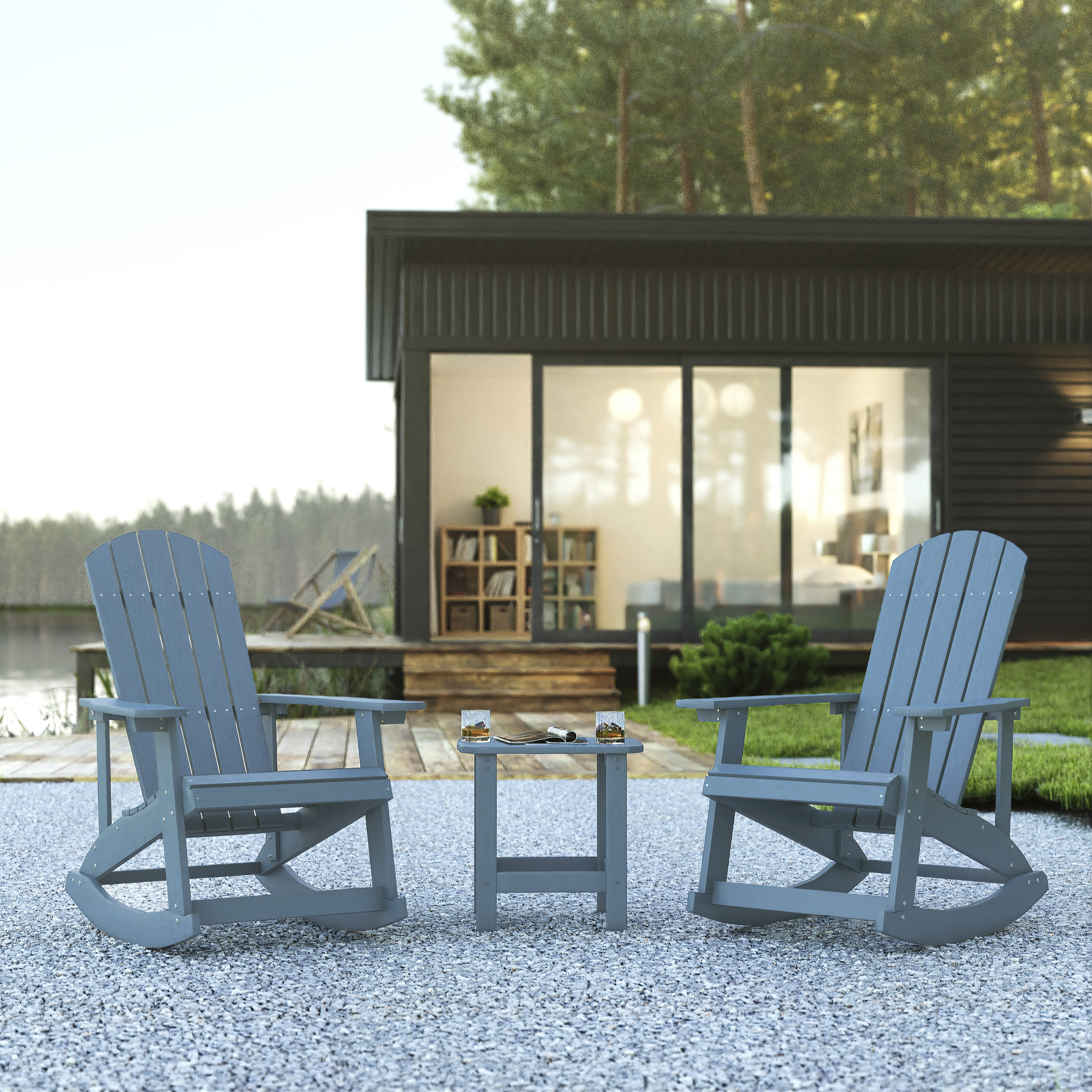 Set of 2 Savannah Commercial Grade All-Weather Poly Resin Wood Adirondack Rocking Chairs with Side Table in Sea Foam