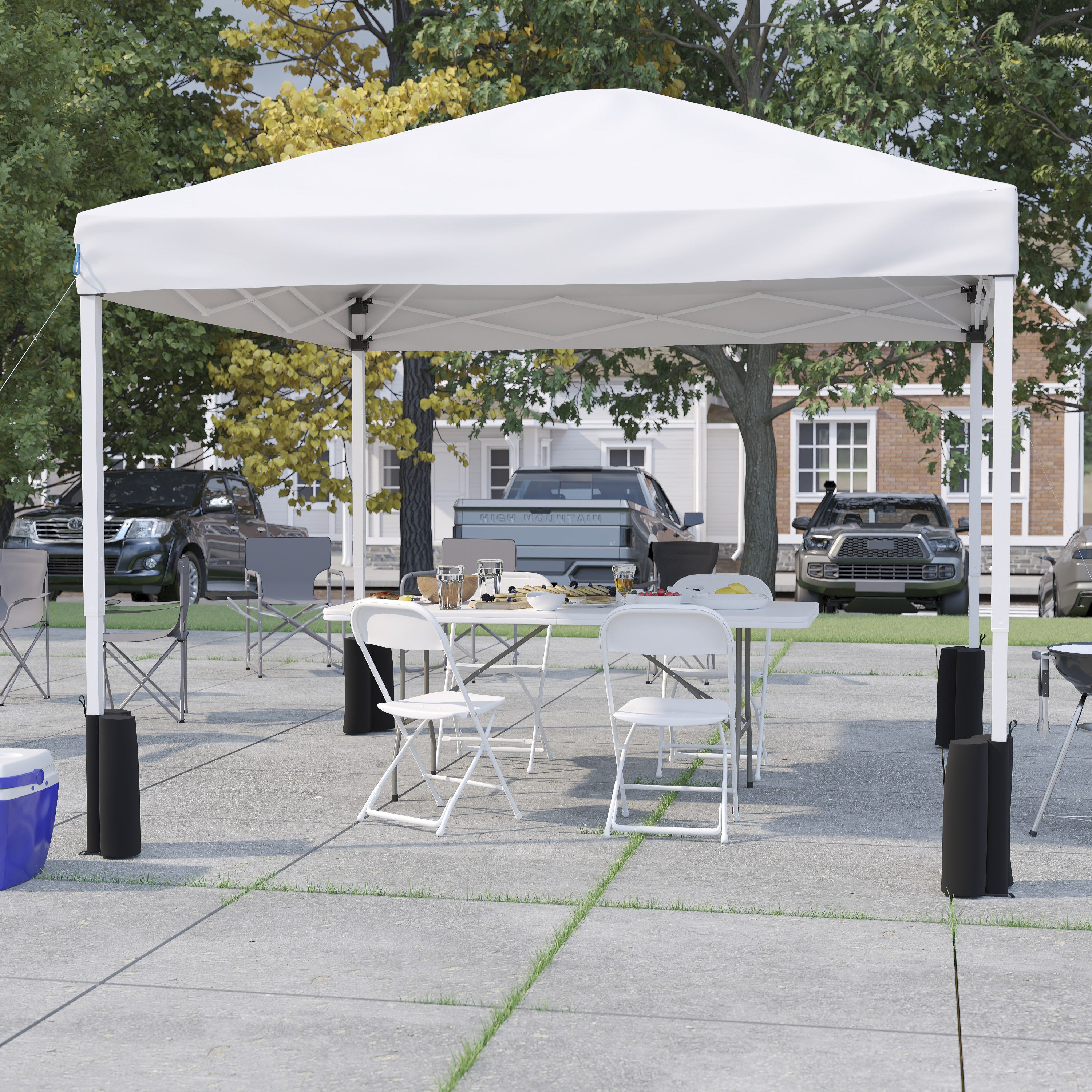 Otis Portable Tailgate/Event Tent Set-10'x10' Wheeled White Pop Up Canopy Tent, 6-Foot Bi-Fold Table, 4 White Folding Chairs