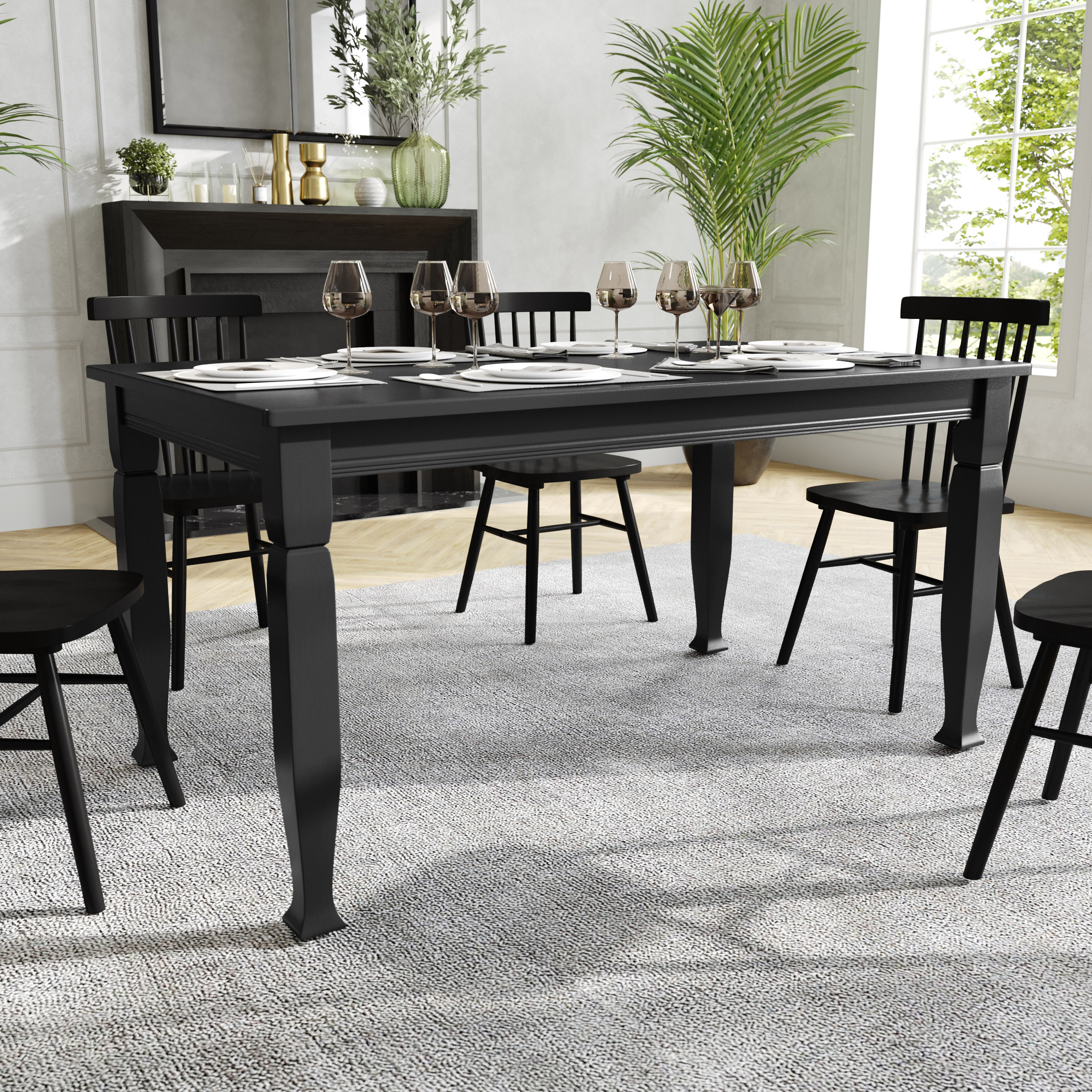 Grace 60" Solid Wood Dining Table with Turned Wooden Legs, Commercial Grade Heavy Duty Rectangle Wood Table for 6, Black Finish