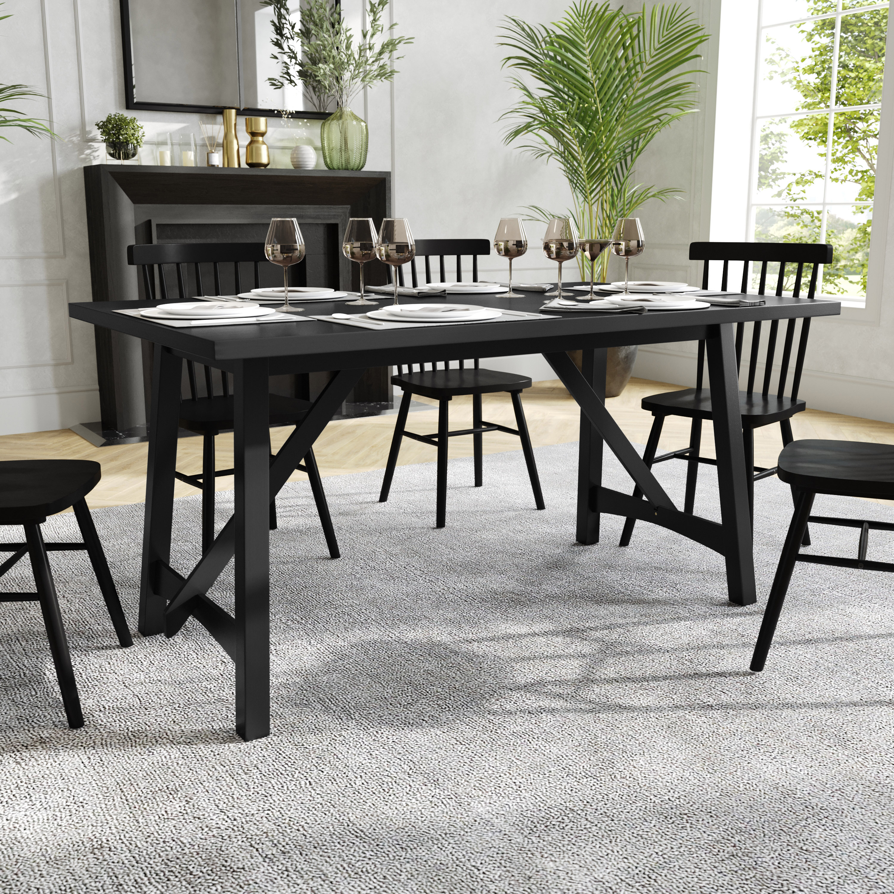 Everly 60" Solid Wood Trestle Base Dining Table, Farmhouse Style Commercial Grade Table with Seating for 6, Black Finish