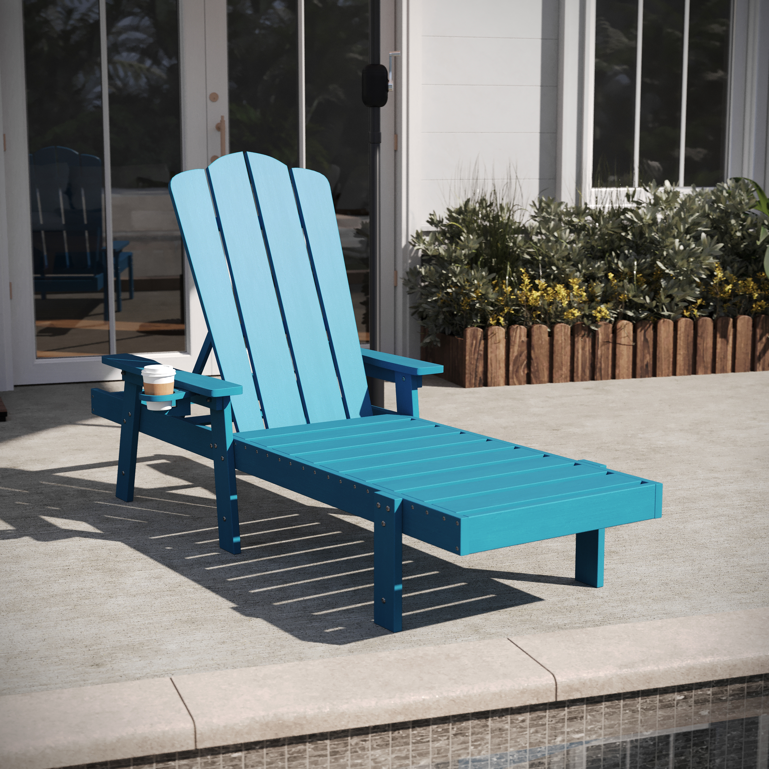Sonora Commercial Grade Adjustable Adirondack Lounger with Cup Holder, All-Weather Indoor/Outdoor Recycled HDPE Lounge Chair in Blue