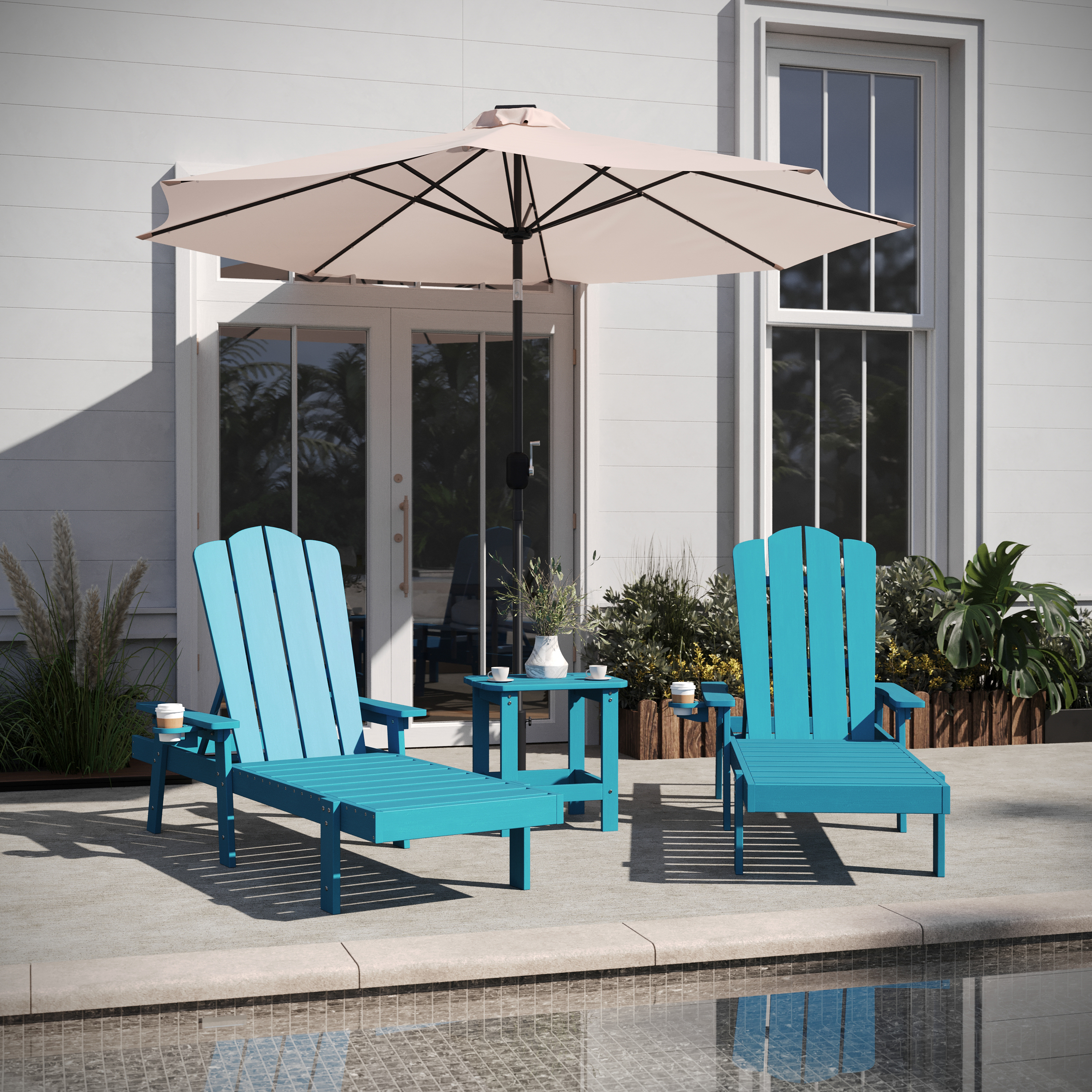 Sonora Commercial Grade 3 Piece Indoor/Outdoor Adirondack Set with 2 Adjustable HDPE Loungers with Cup Holders and 2-Tier Side Table in Blue