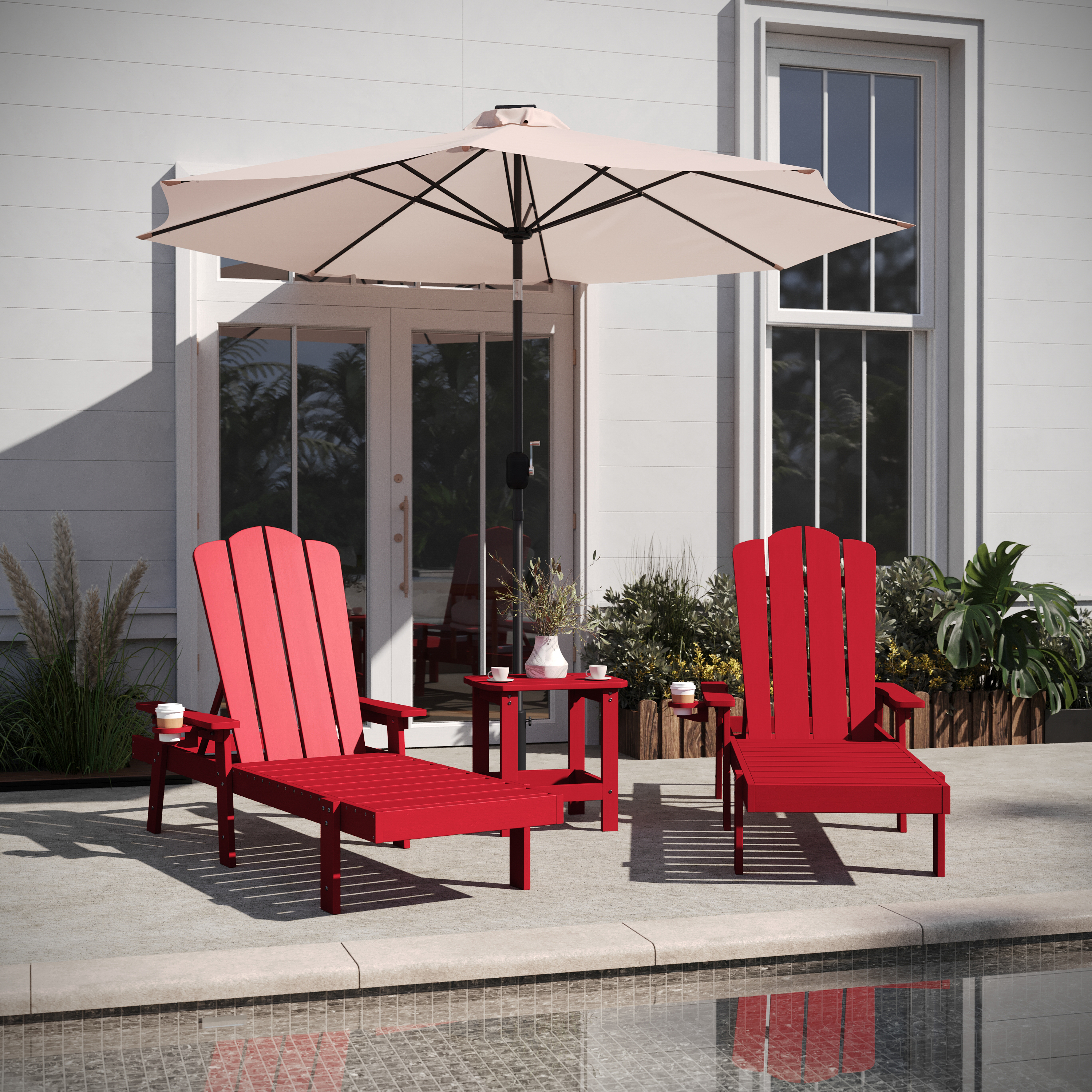 Sonora Commercial Grade 3 Piece Indoor/Outdoor Adirondack Set with 2 Adjustable HDPE Loungers with Cup Holders and 2-Tier Side Table in Red