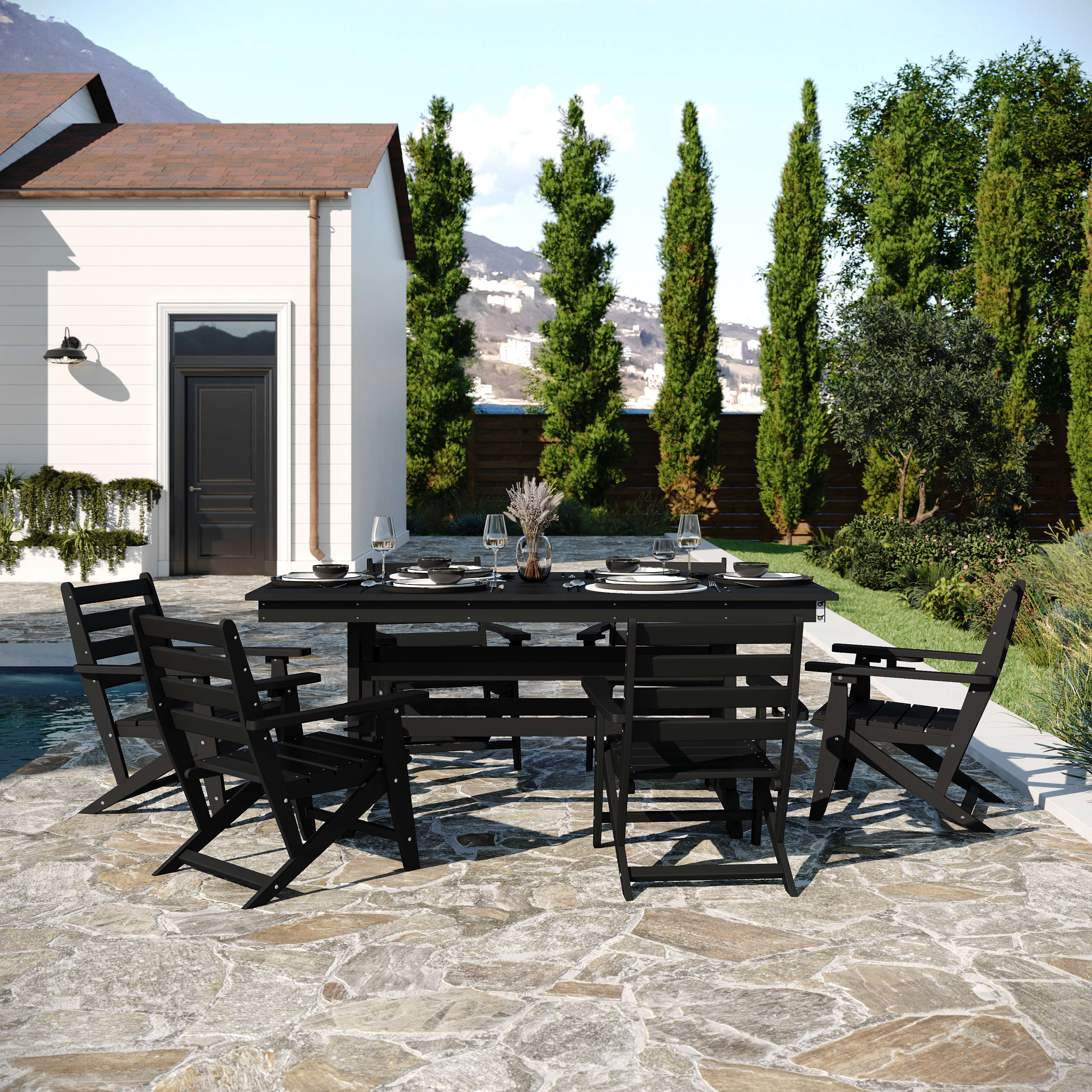 Tolleson Commercial 7 Piece Adirondack Dining Set with 72" Rectangle Indoor/Outdoor Recycled HDPE Table and 6 Chairs with Cupholders in Black