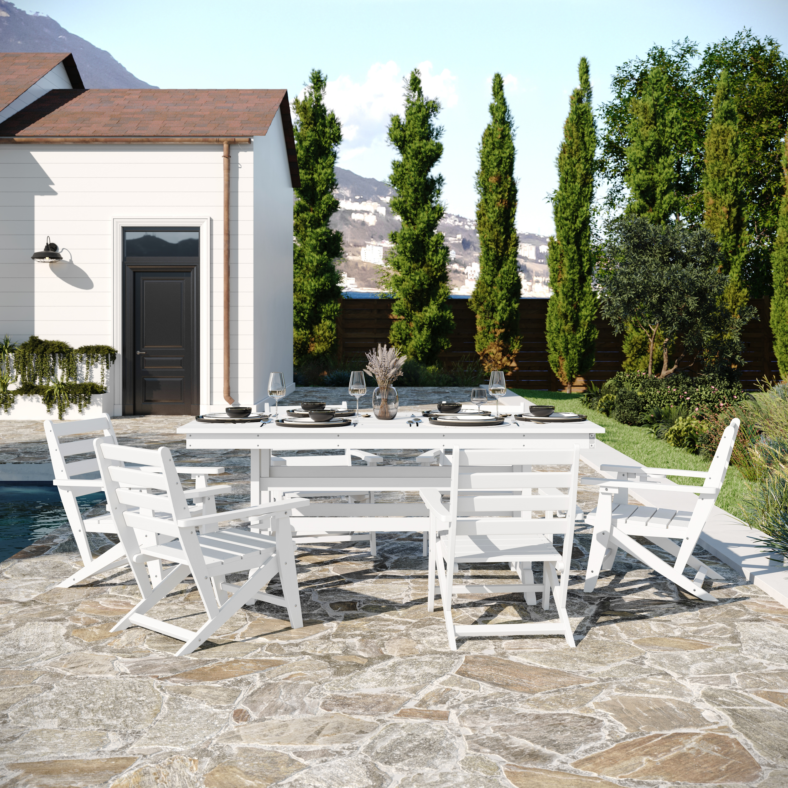 Tolleson Commercial 7 Piece Adirondack Dining Set with 72" Rectangle Indoor/Outdoor Recycled HDPE Table and 6 Chairs with Cupholders in White