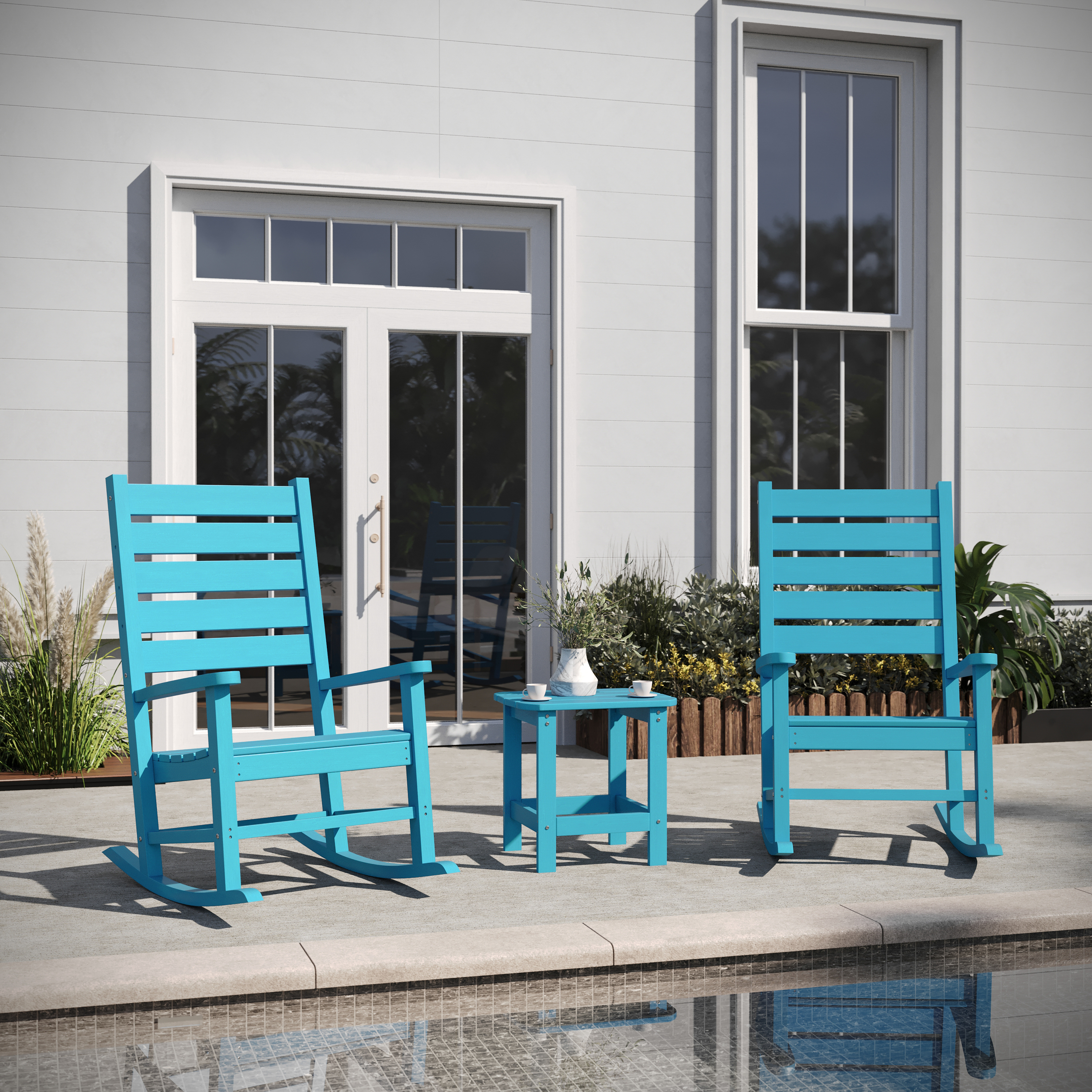 Manchester Commercial Grade 3-Piece Indoor/Outdoor Set with 2 Contemporary All-Weather HDPE Rocking Chairs and End Table in Blue