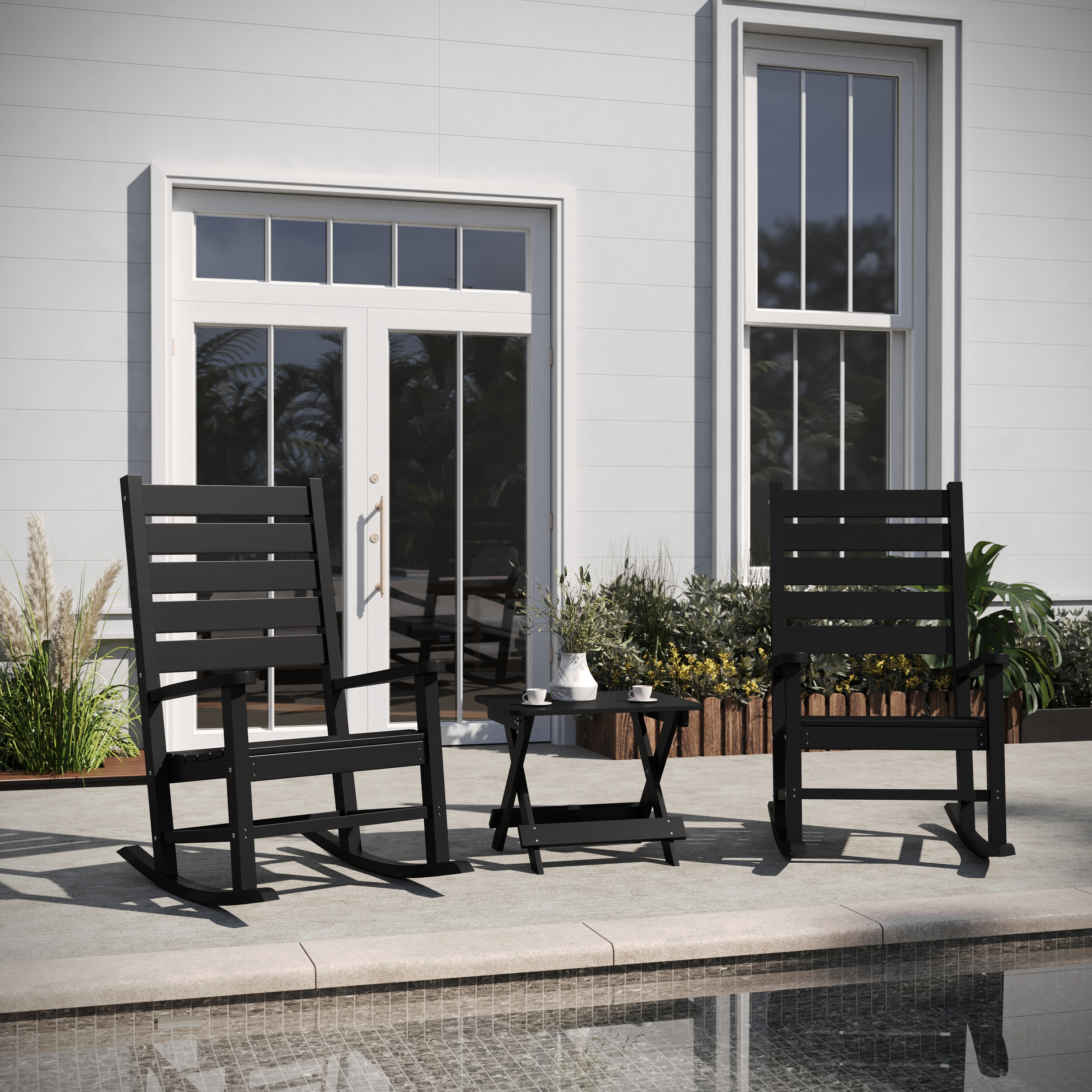 Manchester Commercial Grade 3-Piece Indoor/Outdoor Set with 2 Contemporary All-Weather HDPE Rocking Chairs and End Table in Black