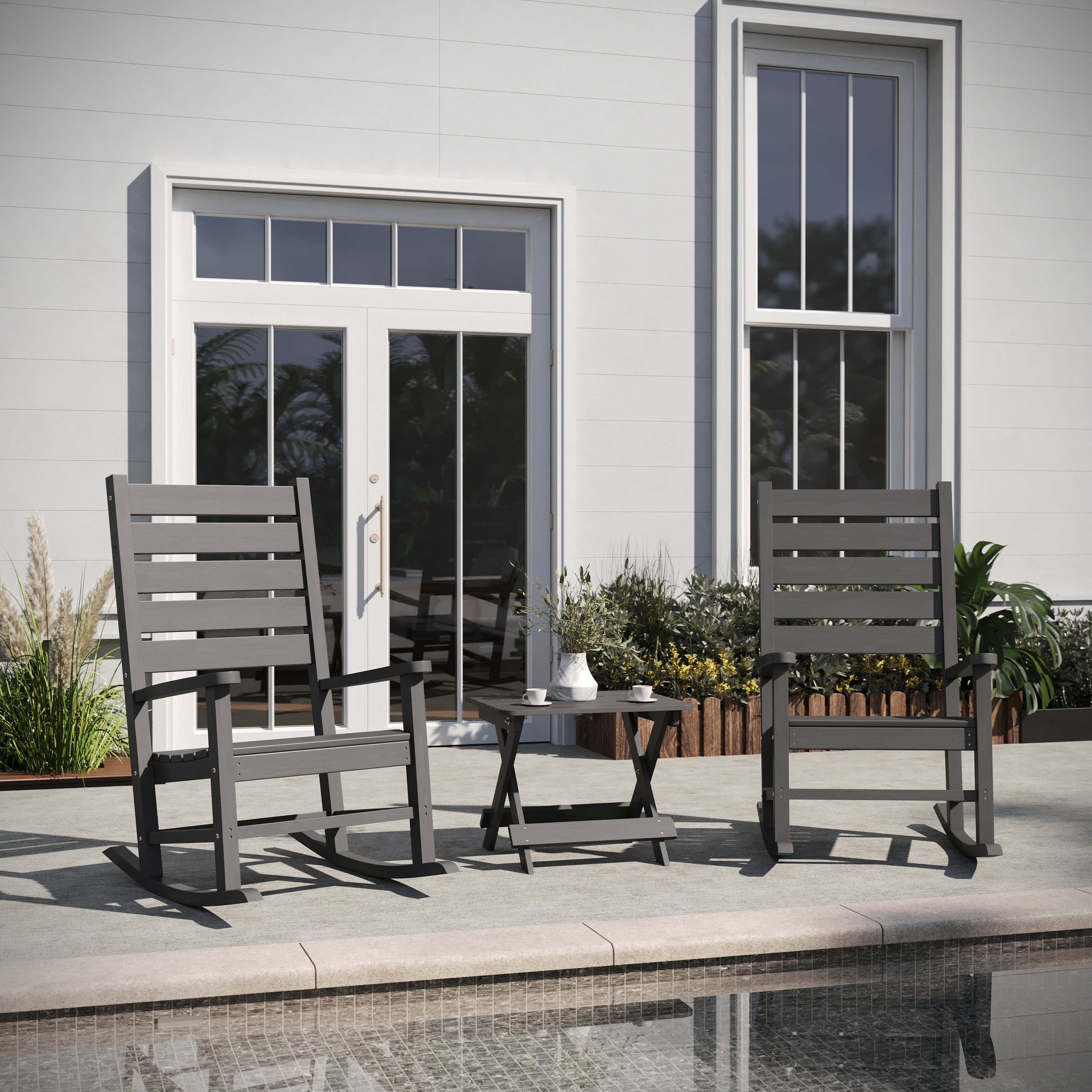 Manchester Commercial Grade 3-Piece Indoor/Outdoor Set with 2 Contemporary All-Weather HDPE Rocking Chairs and End Table in Gray