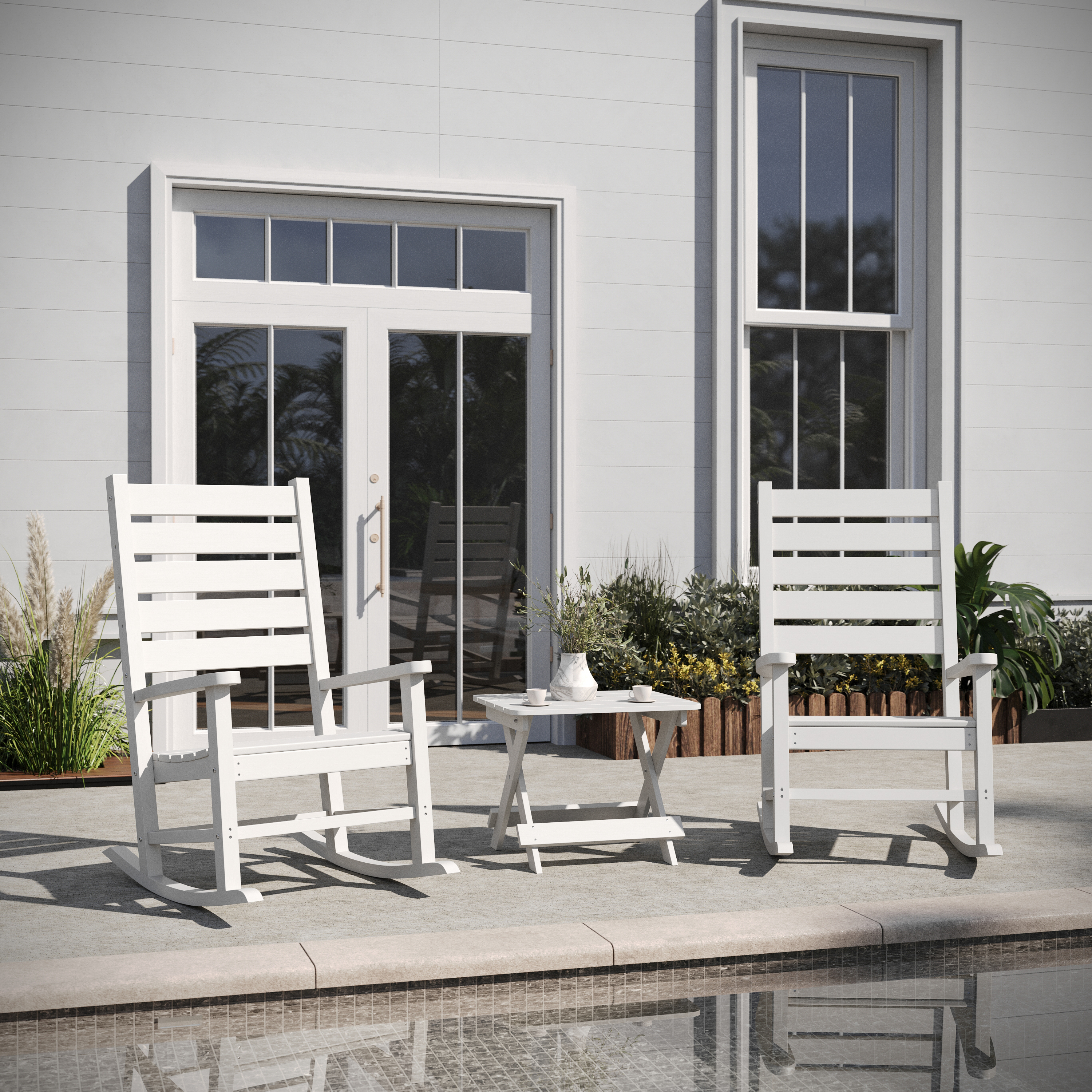 Manchester Commercial Grade 3-Piece Indoor/Outdoor Set with 2 Contemporary All-Weather HDPE Rocking Chairs and End Table in White