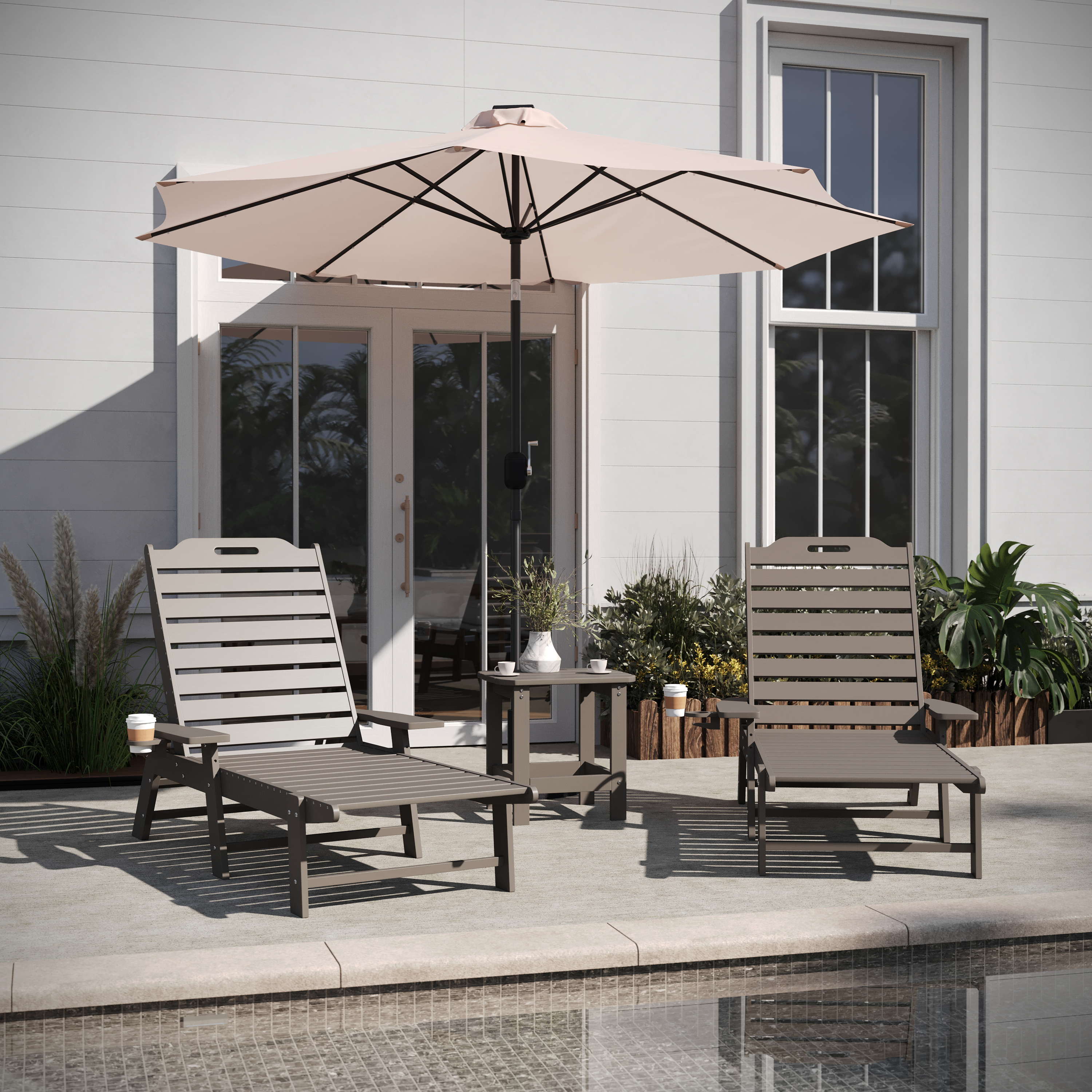 Monterey Commercial Grade 3-Piece Indoor/Outdoor Adirondack Set with 2 Adjustable HDPE Loungers with Cup Holders and 2-Tier Side Table in Brown
