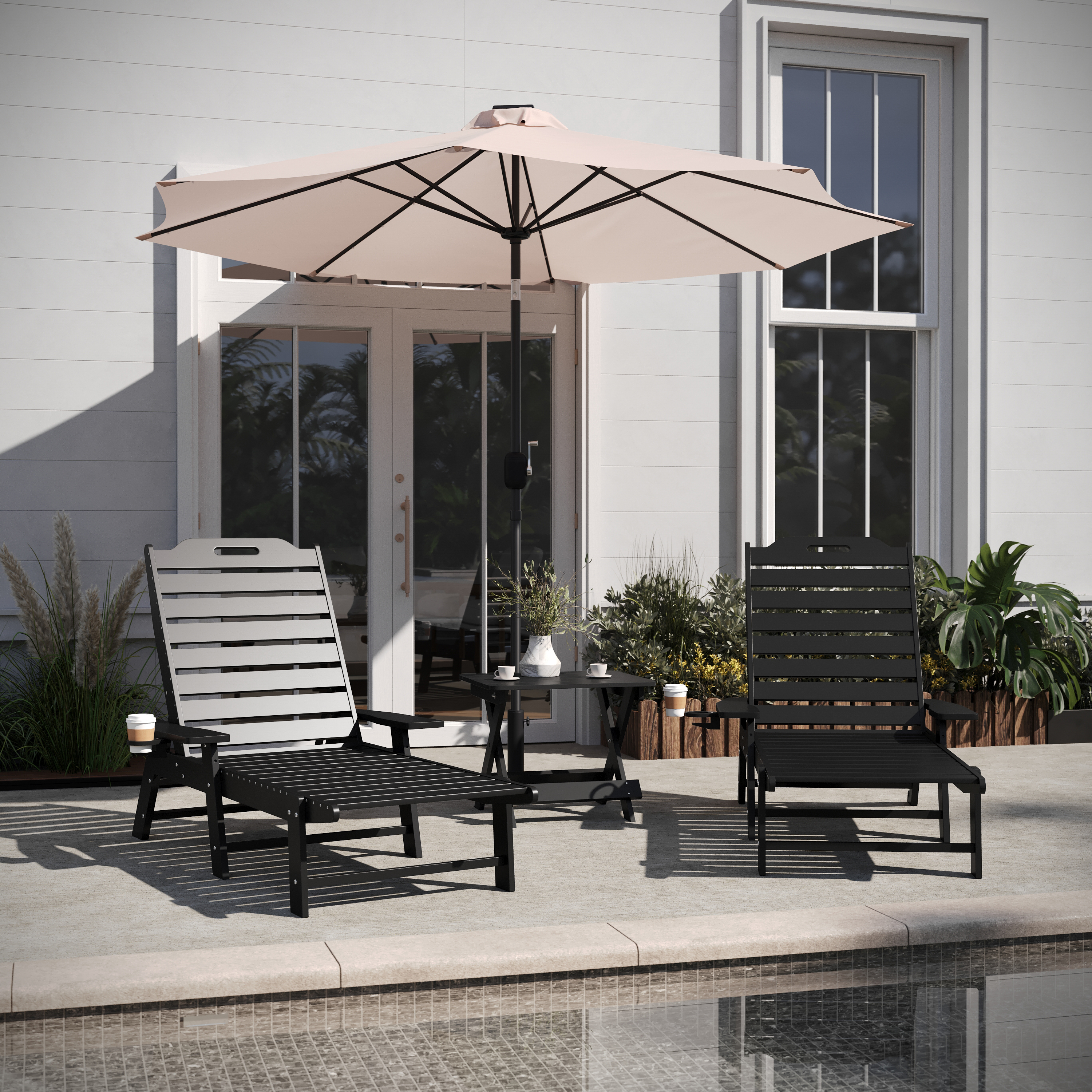 Monterey Commercial Grade 3-Piece Indoor/Outdoor Adirondack Set with 2 Adjustable HDPE Loungers with Cup Holders and Folding Side Table in Black