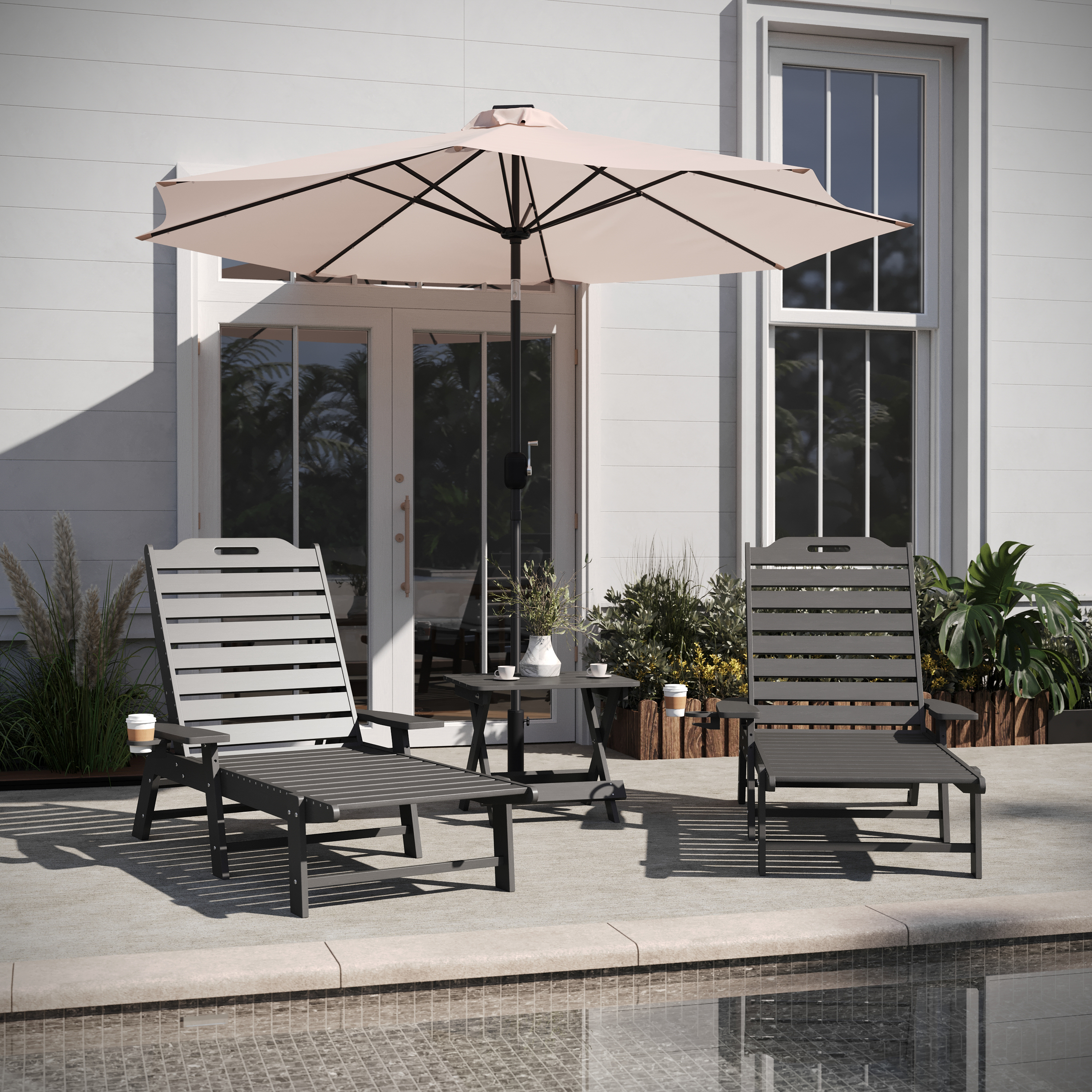 Monterey Commercial Grade 3-Piece Indoor/Outdoor Adirondack Set with 2 Adjustable HDPE Loungers with Cup Holders and Folding Side Table in Gray