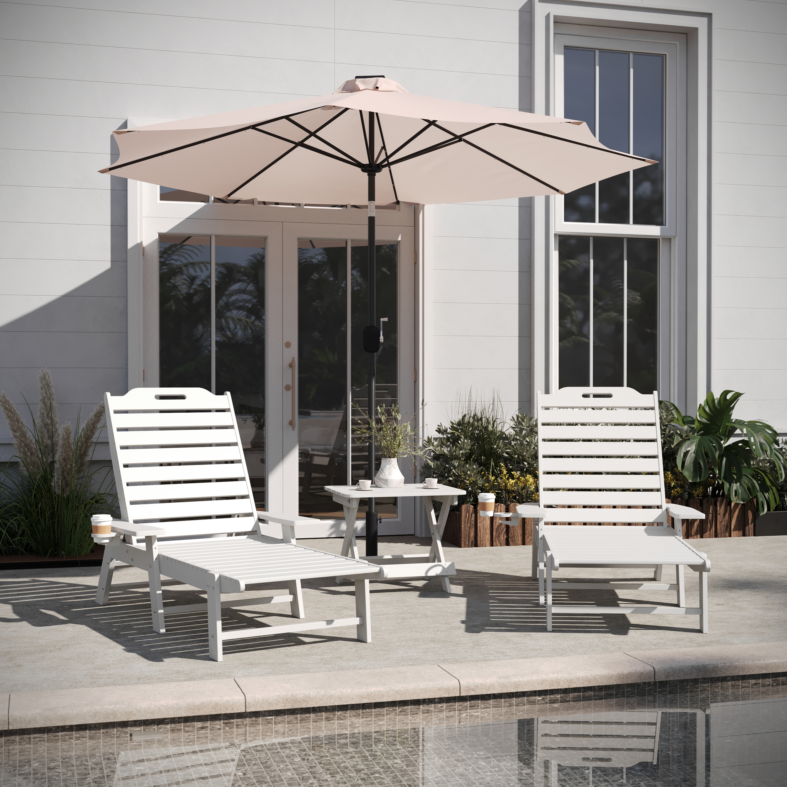 Monterey Commercial Grade 3-Piece Indoor/Outdoor Adirondack Set with 2 Adjustable HDPE Loungers with Cup Holders and Folding Side Table in White