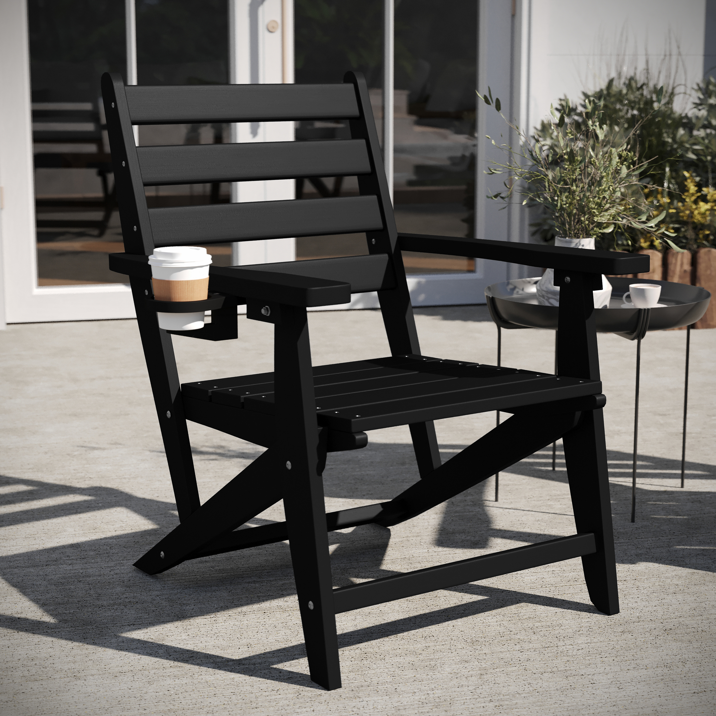Tolleson Commercial Grade Adirondack Dining Chair with Fold Out Cup Holder, Weather Resistant Recycled HDPE Adirondack Chair in Black