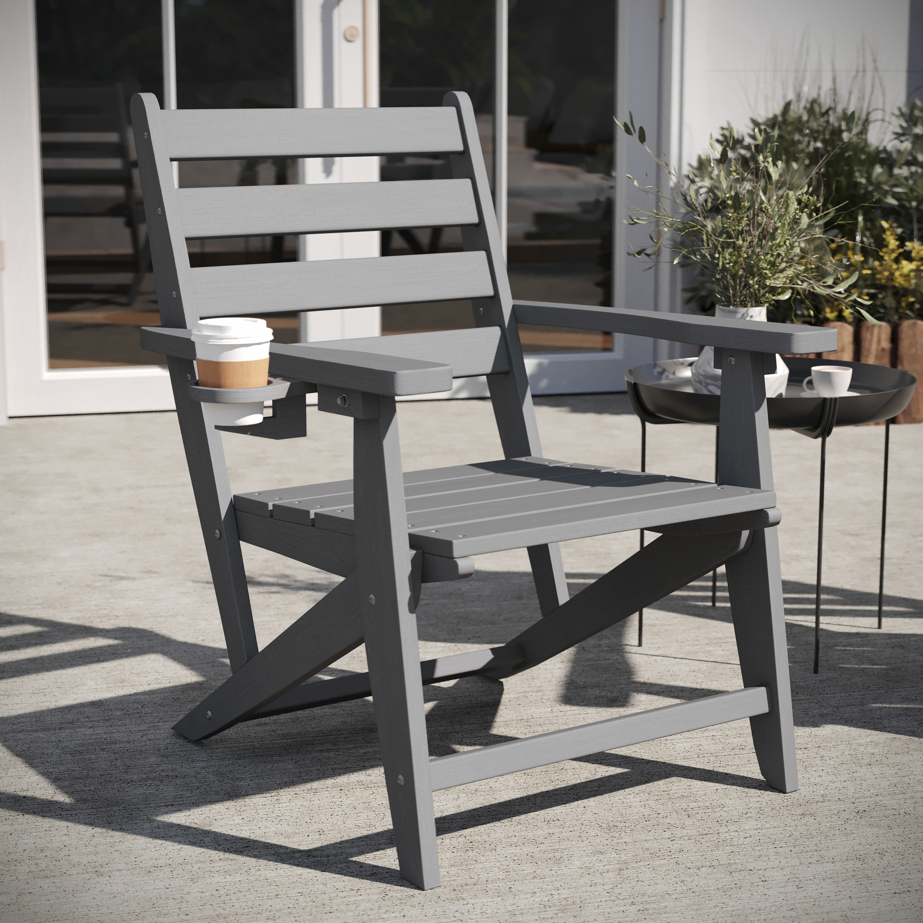 Tolleson Commercial Grade Adirondack Dining Chair with Fold Out Cup Holder, Weather Resistant Recycled HDPE Adirondack Chair in Gray