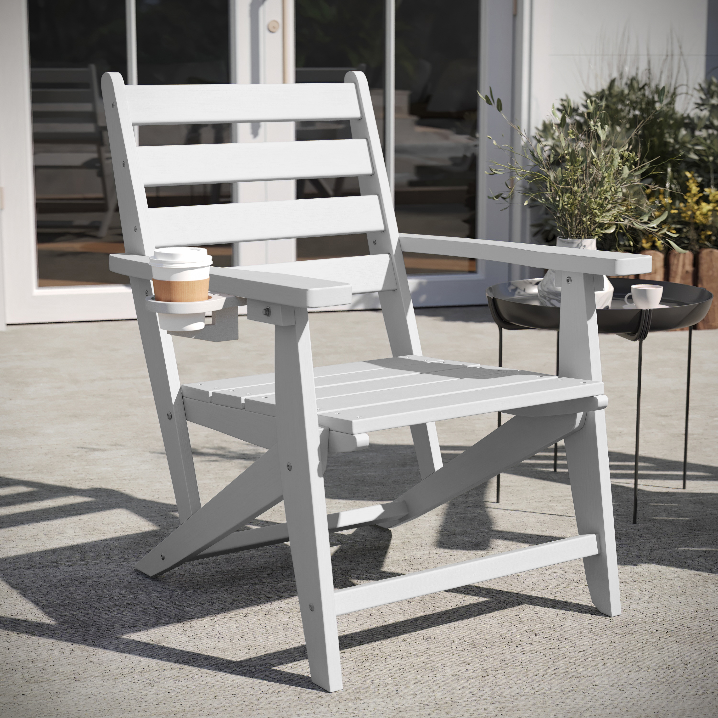 Tolleson Commercial Grade Adirondack Dining Chair with Fold Out Cup Holder, Weather Resistant Recycled HDPE Adirondack Chair in White