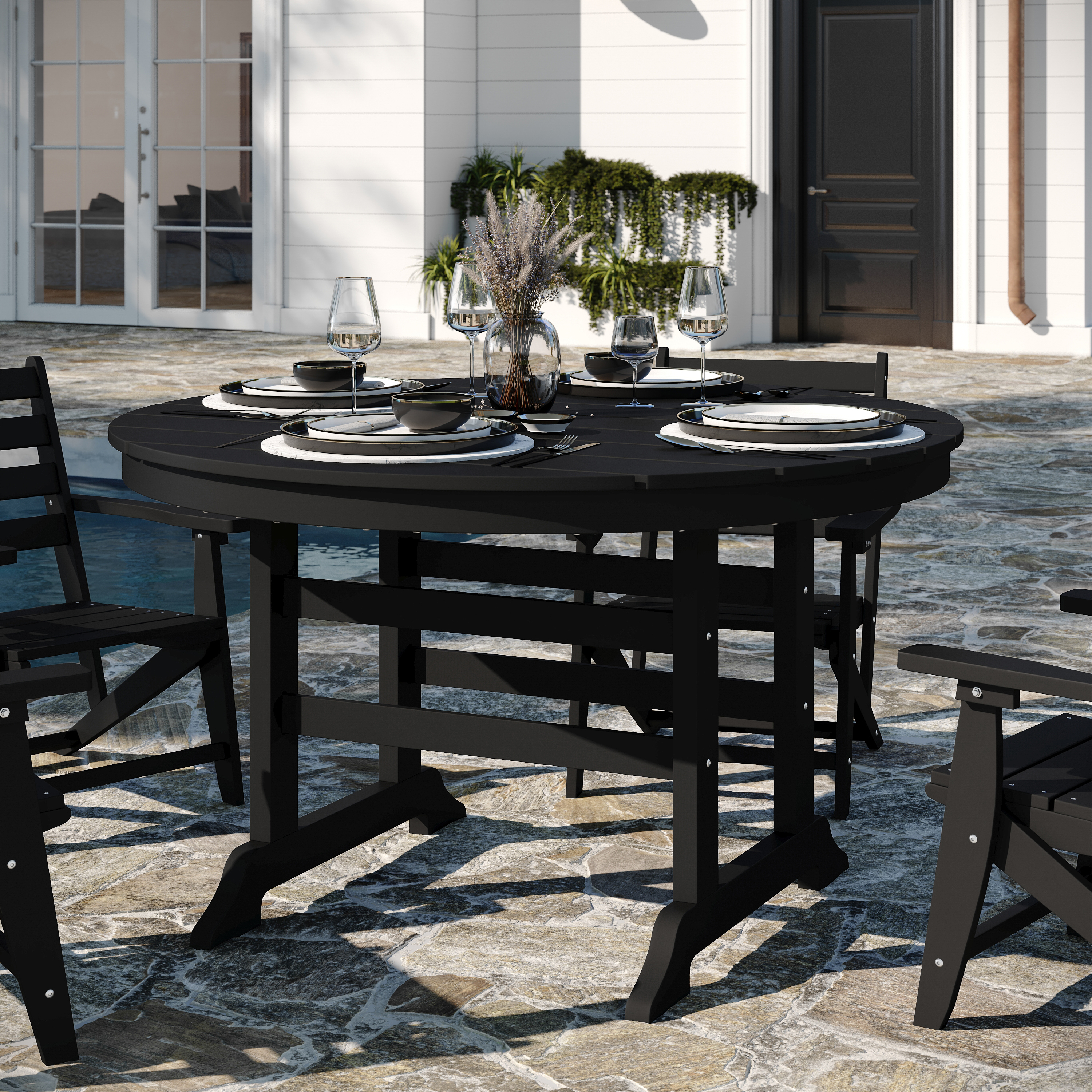 Colonel Commercial Grade Indoor/Outdoor 48" Round Recycled HDPE Adirondack Dining Table for 4 in Black