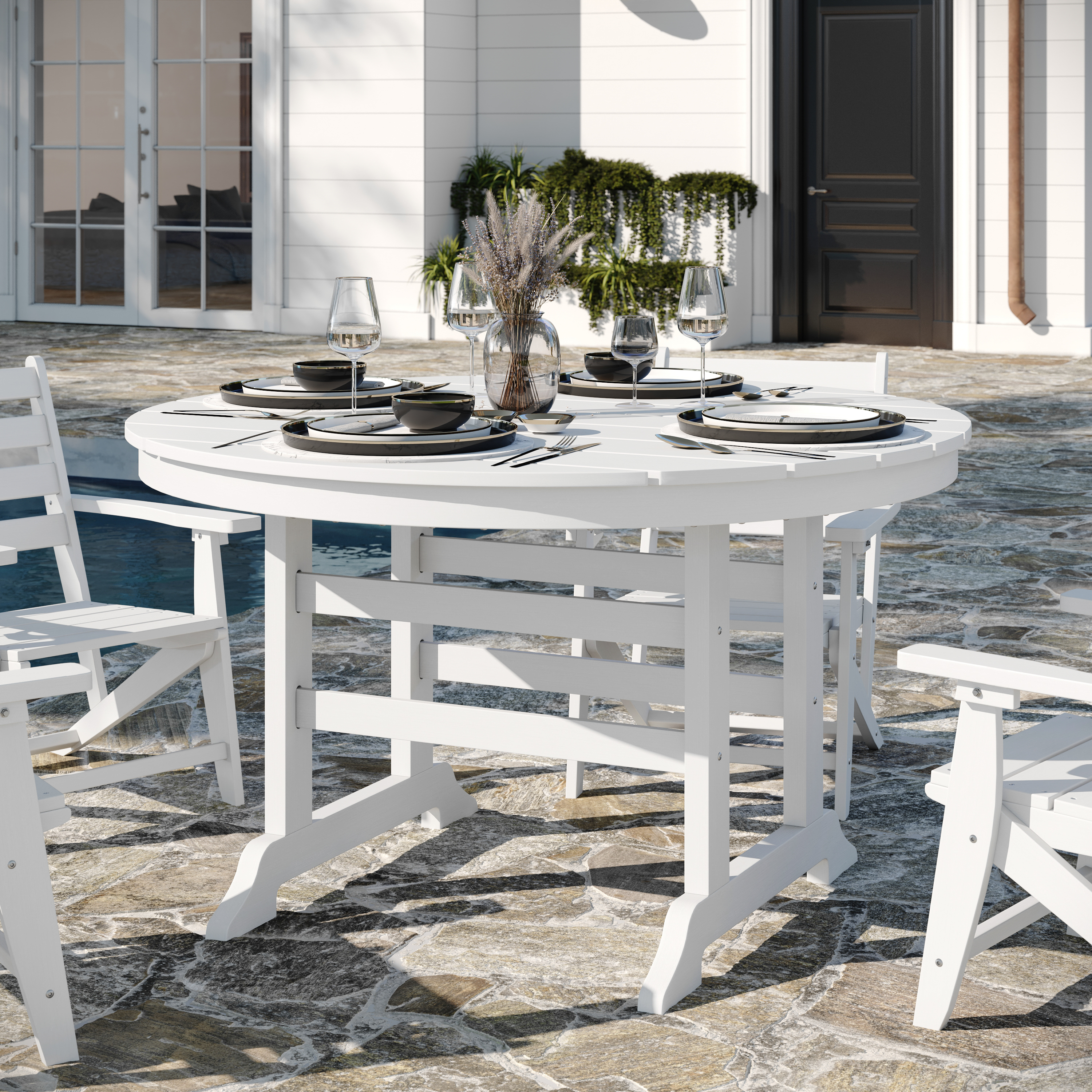 Colonel Commercial Grade Indoor/Outdoor 48" Round Recycled HDPE Adirondack Dining Table for 4 in White